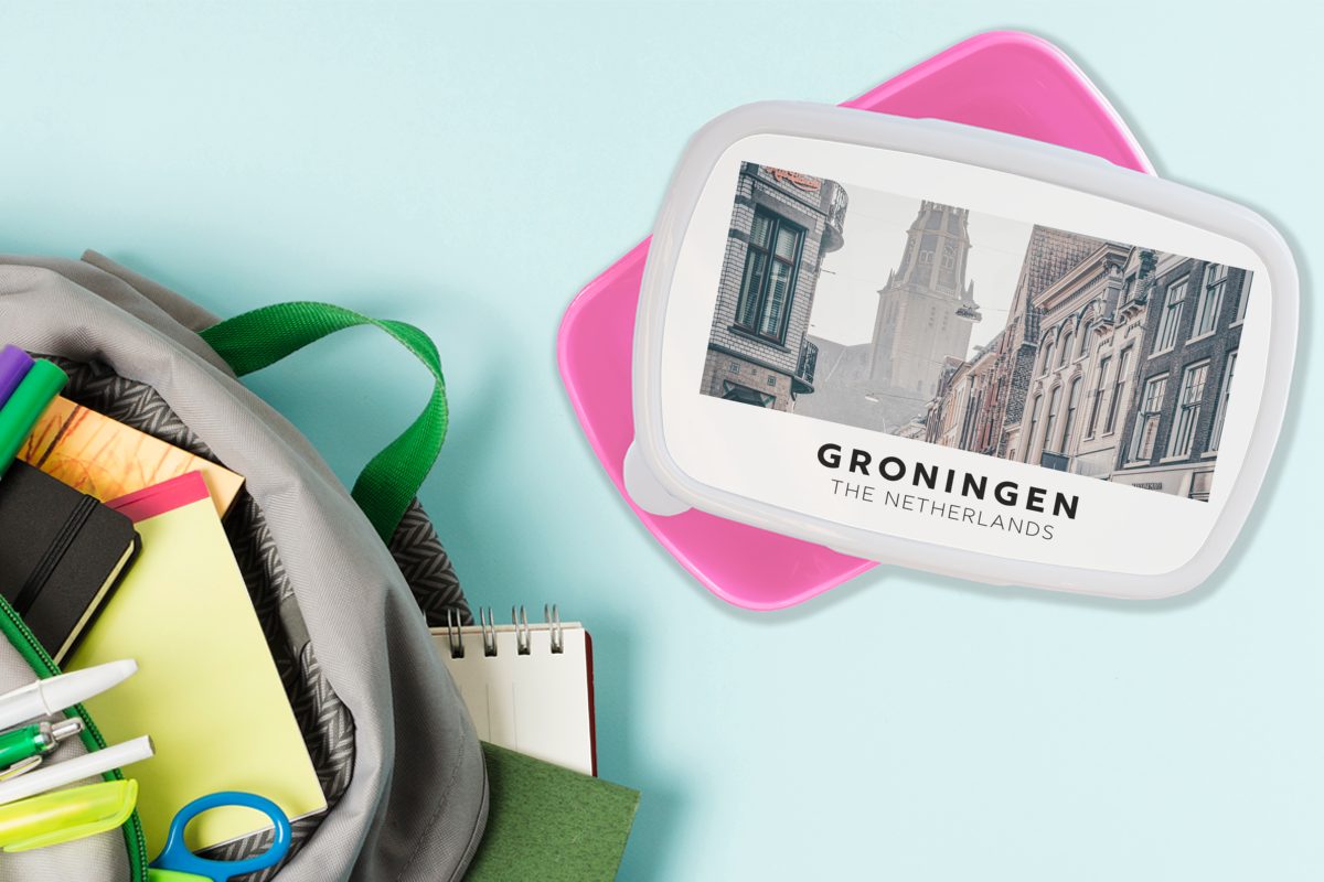 Toren, Erwachsene, Kunststoff MuchoWow für Brotdose Groningen Niederlande - Mädchen, Lunchbox Kinder, rosa Brotbox Kunststoff, - (2-tlg), Snackbox,
