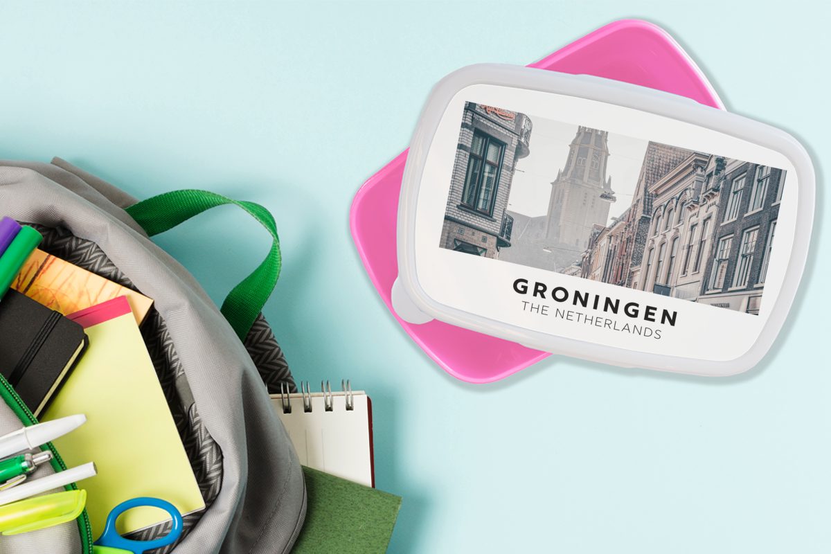 MuchoWow Lunchbox Erwachsene, Mädchen, - - Brotbox Snackbox, für (2-tlg), rosa Niederlande Kinder, Brotdose Toren, Kunststoff Kunststoff, Groningen