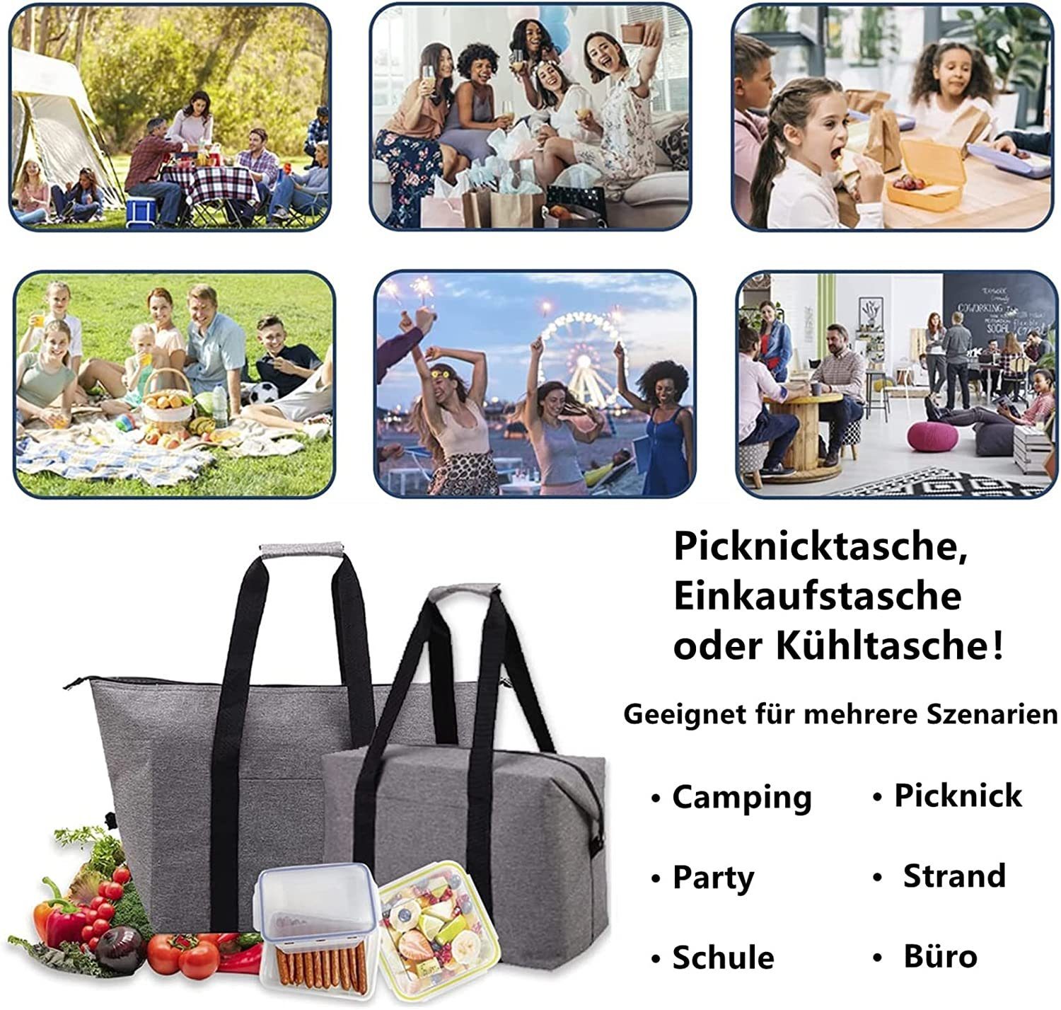 GelldG Lunchbox Tasche Einkaufstasche Picknick Thermotasche Kühltasche Faltbar, grau