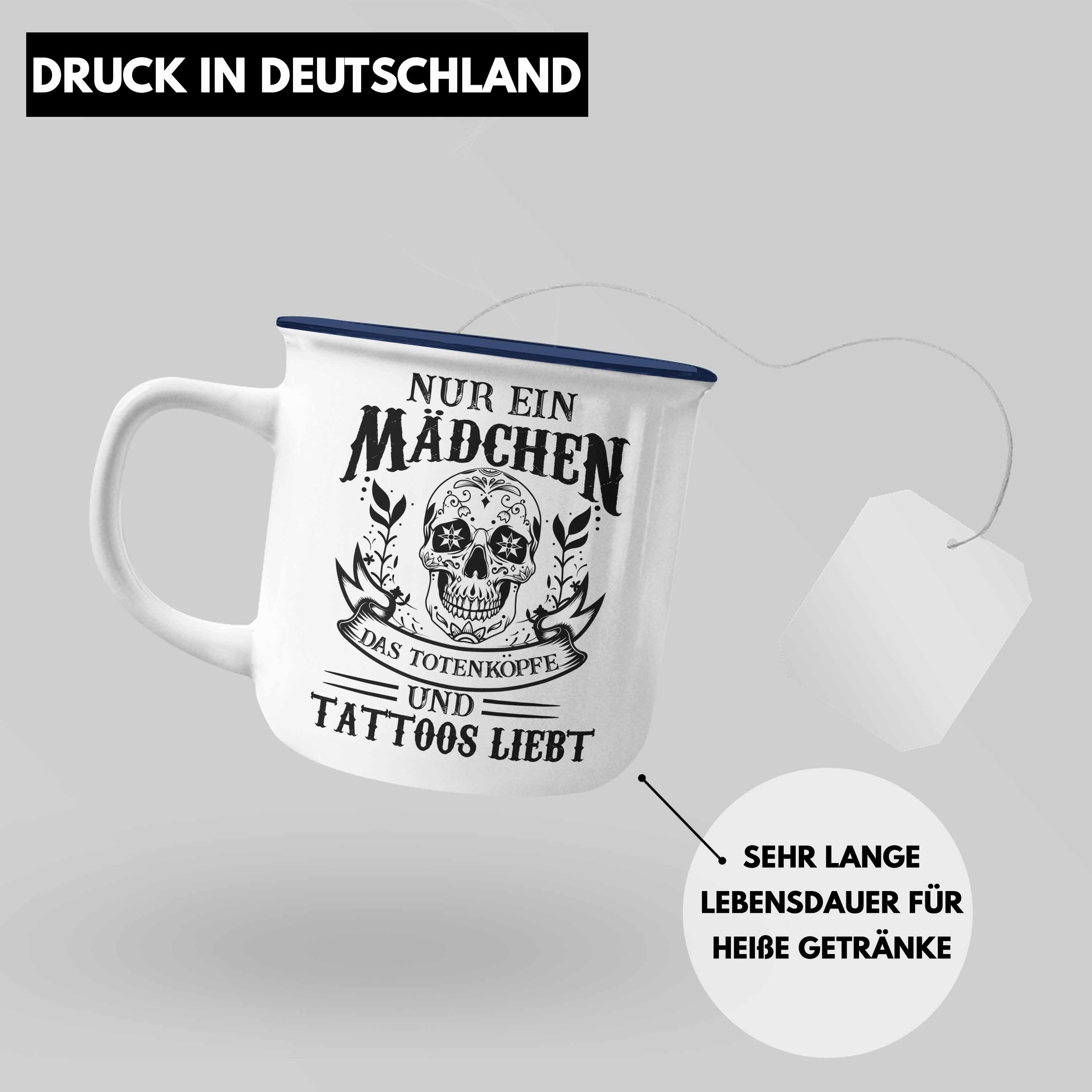 Trendation Thermotasse Trendation Totenkopf Geschenk KaffeeEmaille - Tätowiererin Tasse Blau Tattoo Tattoos Tasse Tassen Emaille Emaille Frauen