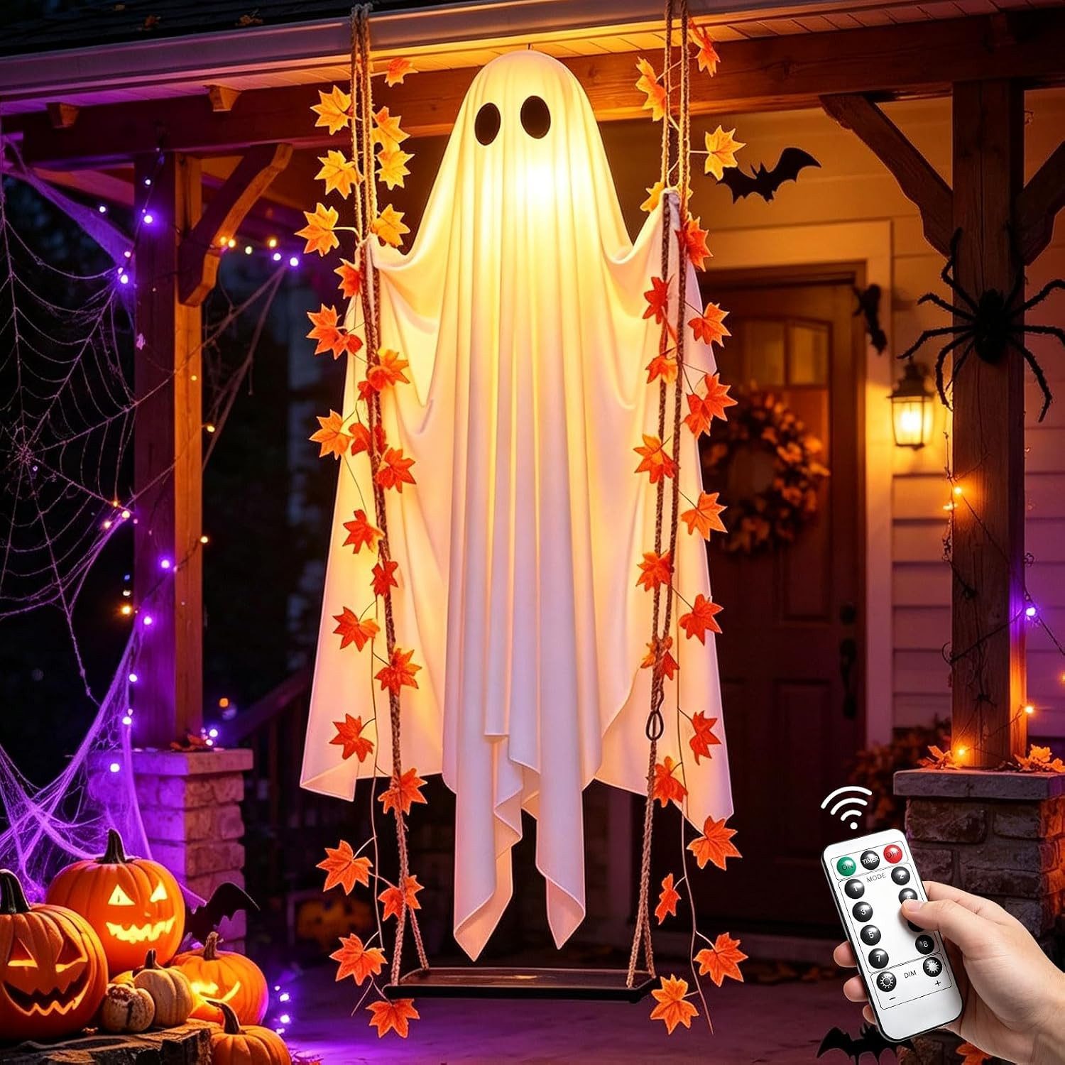 FELIXLEO Dekofigur Halloween Deko Outdoor Hängender Geist mit Licht Timer 120cm