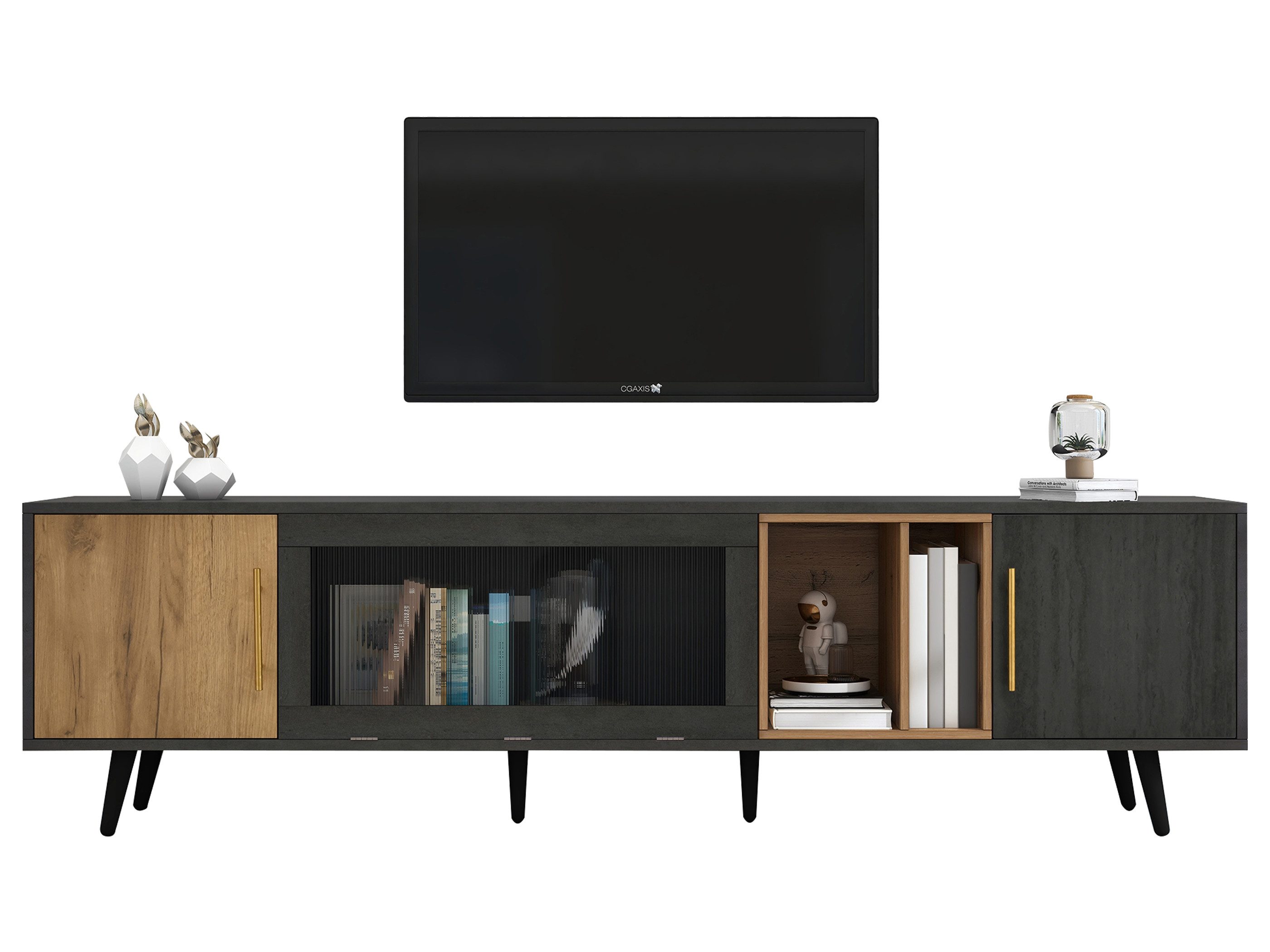 SeedWave Lowboard Eleganter TV-Schrank Frensehtisch mit Holzmaserung, Glastür, Stauraum, Abnehmbare offene Staufächer, Kabeldurchführung auf der Rück