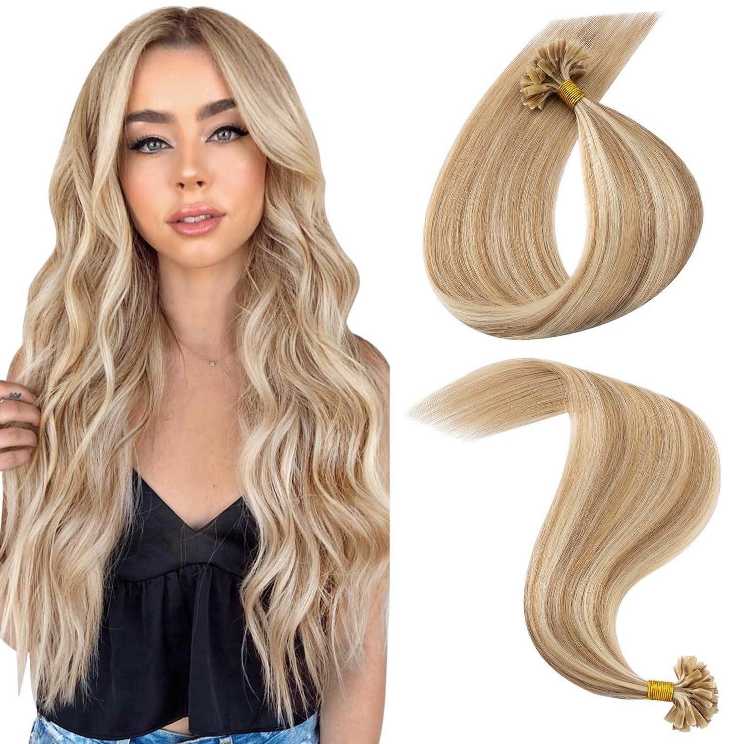LuxusKollektion Echthaar-Extension Extensions Echthaar Bondings Keratin 40 cm 25g 12P613 Goldbraun blond