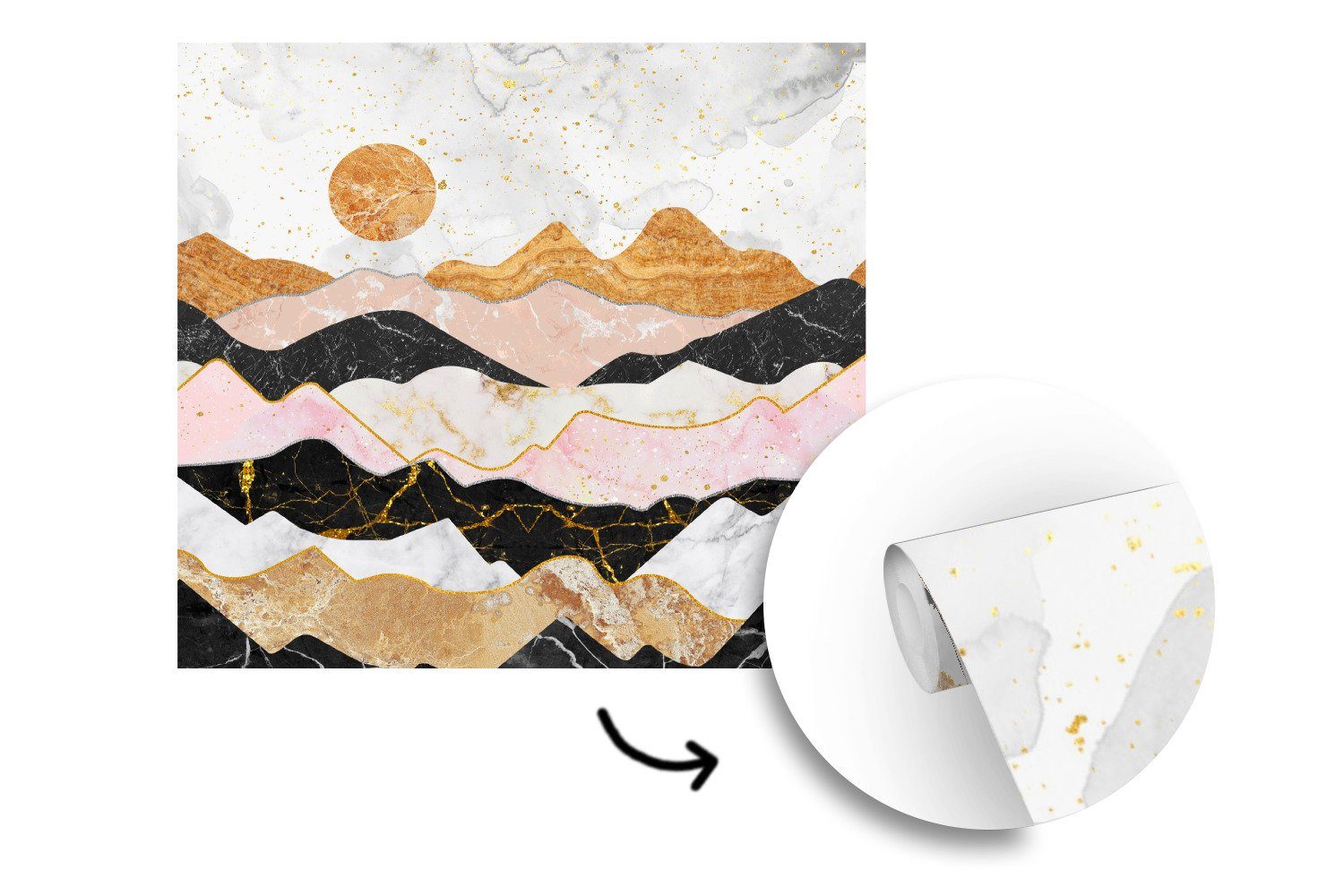 oder bedruckt, MuchoWow Vinyl Wandtapete (5 St), Pastell - Gold, Marmor für Tapete Schlafzimmer, Fototapete Wohnzimmer Matt, -