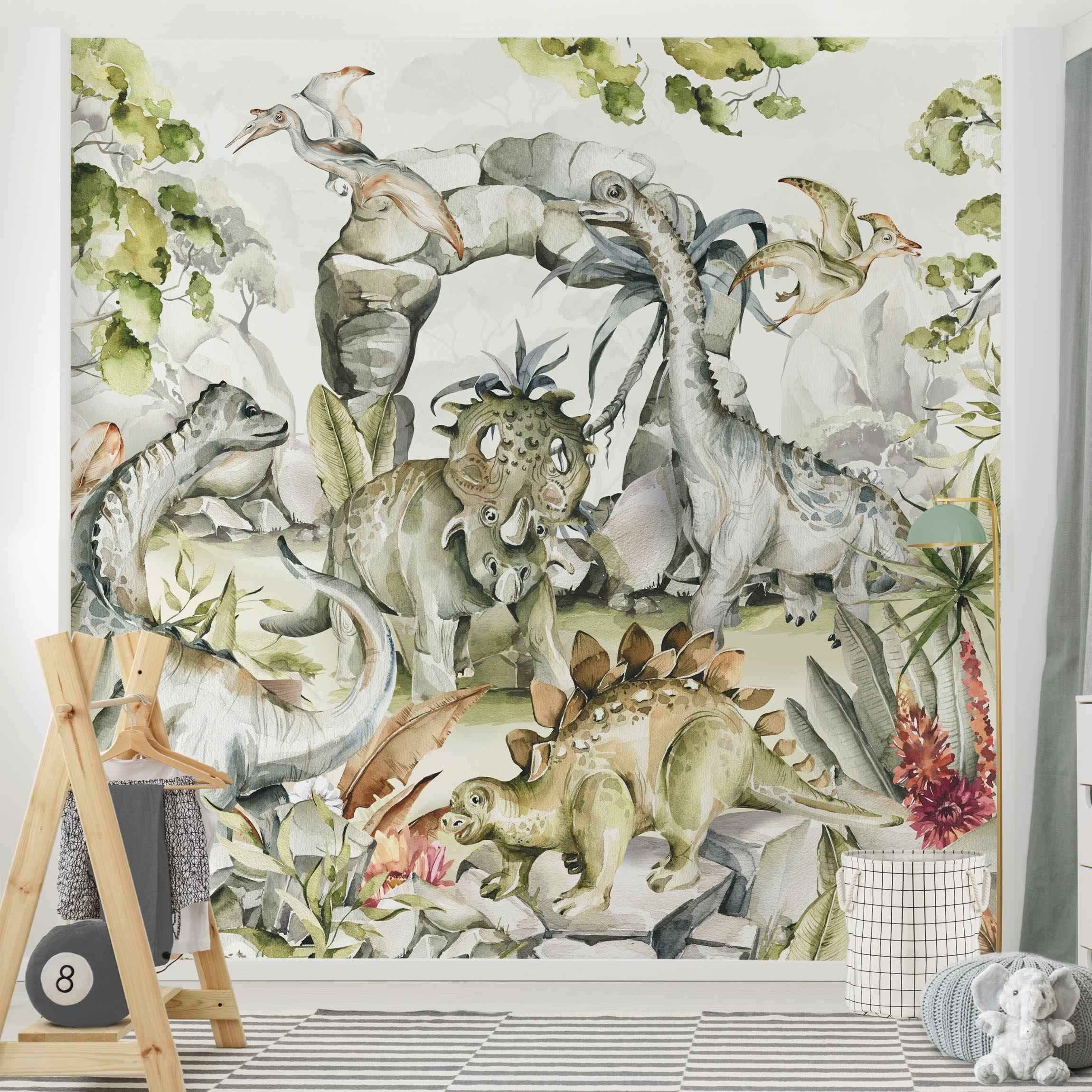 Bilderdepot24 Kindertapete Kinderzimmer Welt Dinosaurier Kinder Wanddeko Pastell Grün, Glatt, Matt, (Vliestapete inkl. Kleister oder selbstklebend), Mädchenzimmer Jungenzimmer Babyzimmer Bildtapete Fototapete Wandtapete