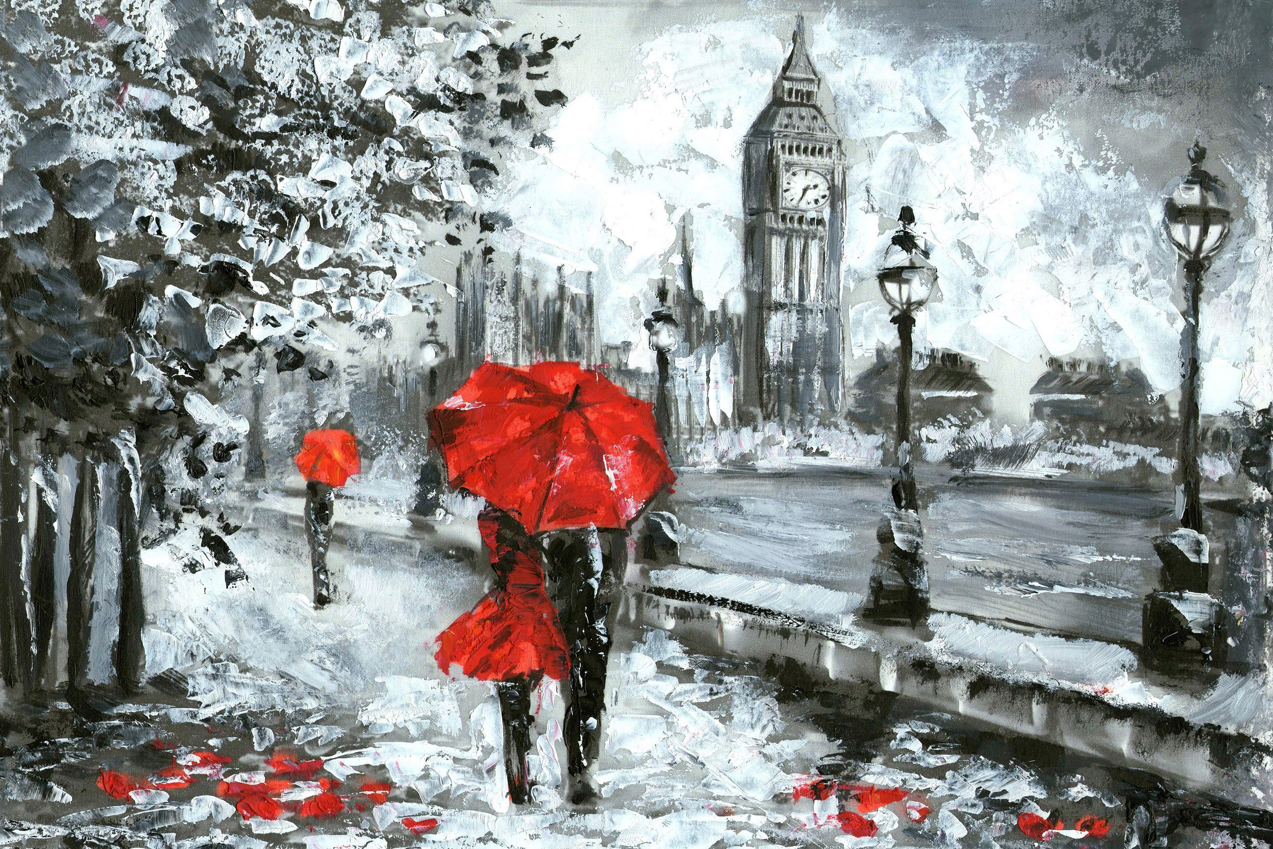 queence Leinwandbild London, Brücken, Großbritannien, Kunst, London, Modern, Rain, Schwarz-Weiß, Städte, Wandeko, Big Ben, gezeichnet, Premium Leinwandstoff