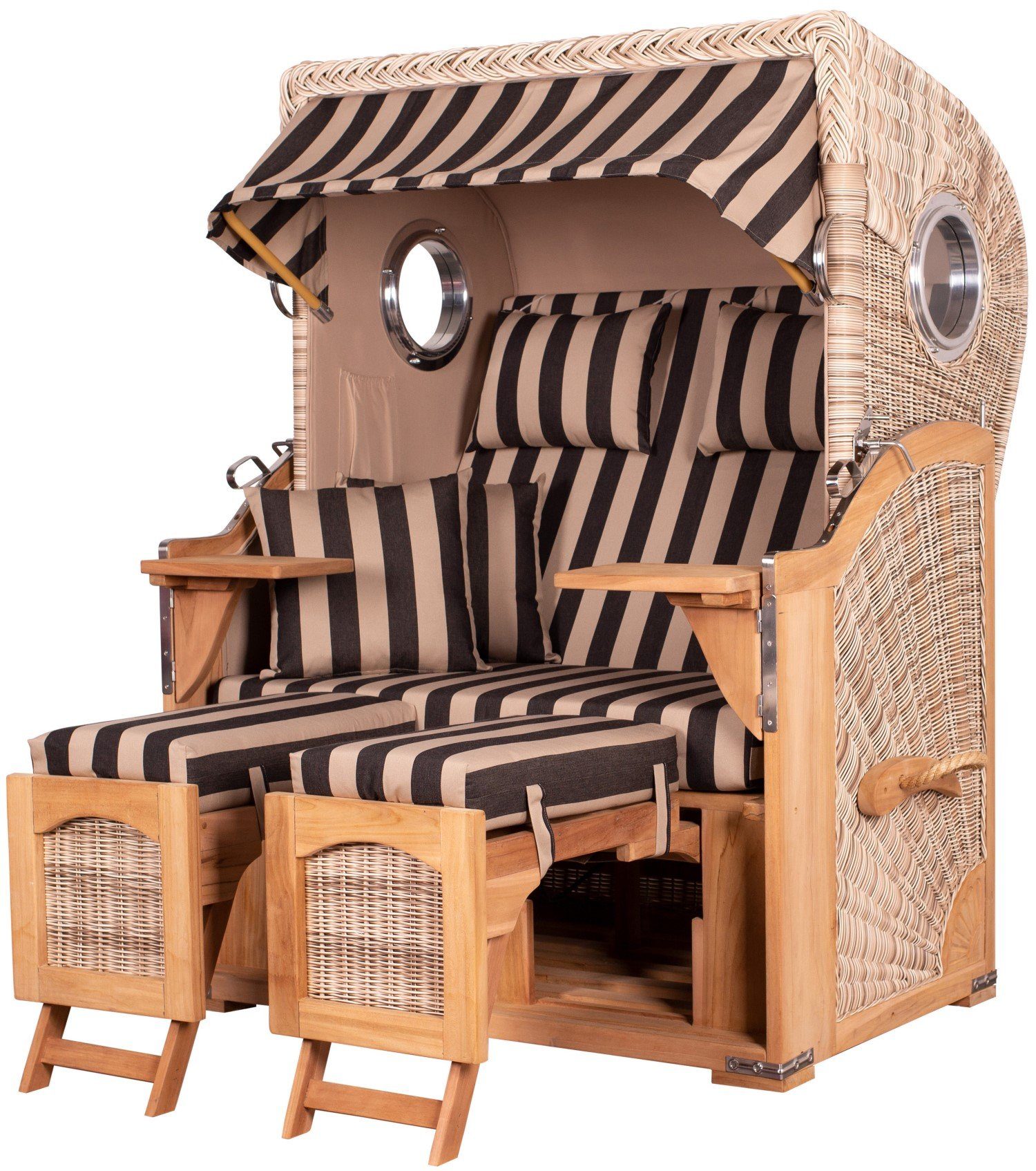 bene living Strandkorb Ammersee 2-Sitzer Teak - PE shell - Modell 581, BxTxH: 125x80x165 cm, Volllieger ca. 175 Grad, Ostsee-Strandkorb, inkl. Liftersystem und Bullaugen