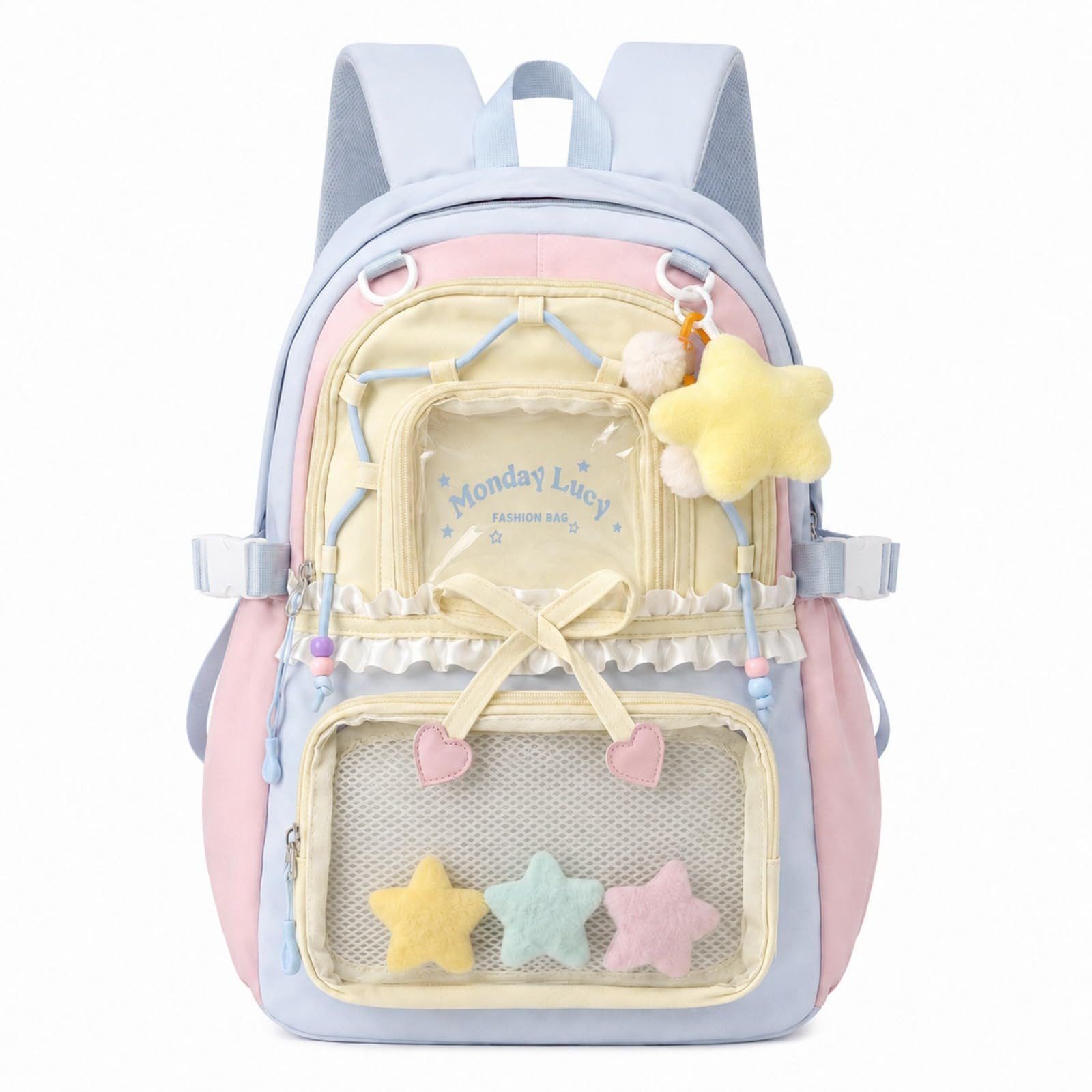 nsihing Kinderrucksack Kawaii Rucksack Mädchen mit Transparentem Fach & Stern Anhänger, Ästhetischer Rucksack für Mädchen, Schule, Alltag & Freizeit