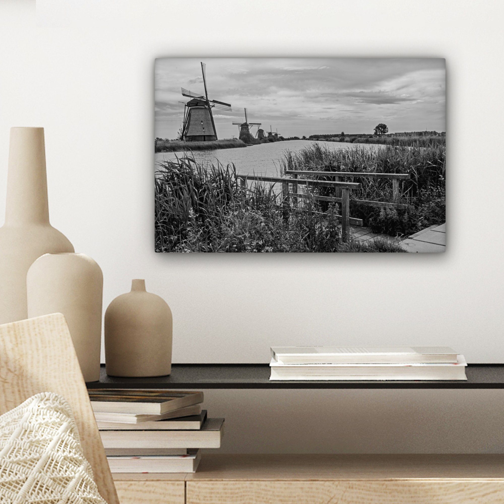 cm Mühle - Aufhängefertig, Weiß, St), Leinwandbild Schwarz 30x20 Wandbild - Niederlande - OneMillionCanvasses® Leinwandbilder, (1 Wanddeko,