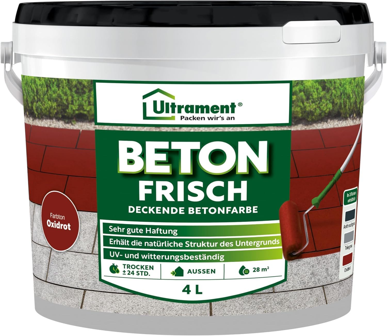 Ultrament Bodenversiegelung Ultrament Beton Frisch, deckende Betonfarbe, Bodenfarbe, 4 Liter, (Rot, Beton Frisch, deckende Betonfarbe, Bodenfarbe, 4 Liter, (Rot)