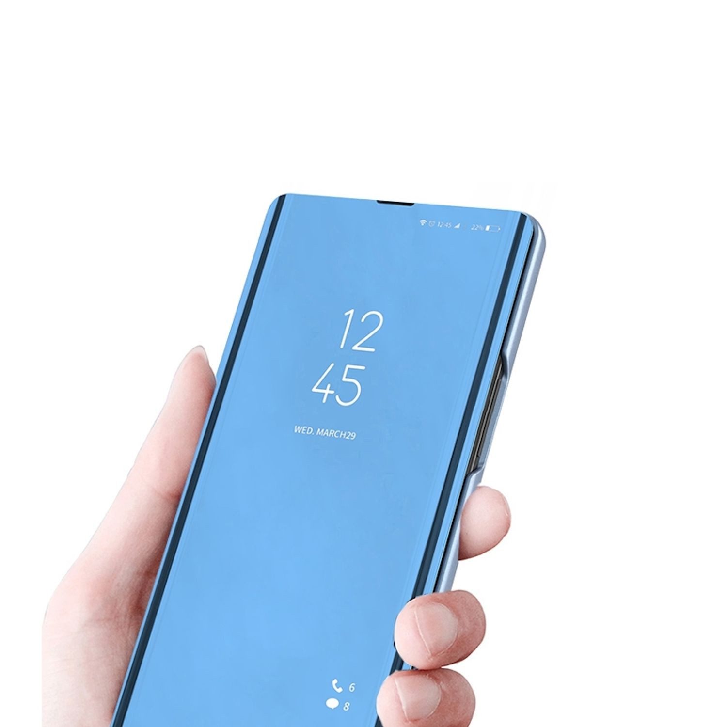 Wigento Handyhülle Für Xiaomi 14T Pro View Spiegel Smart Wake UP Funktion Hülle Gold, Elektroplattiertes Spiegel-Design, horizontaler Klappständer