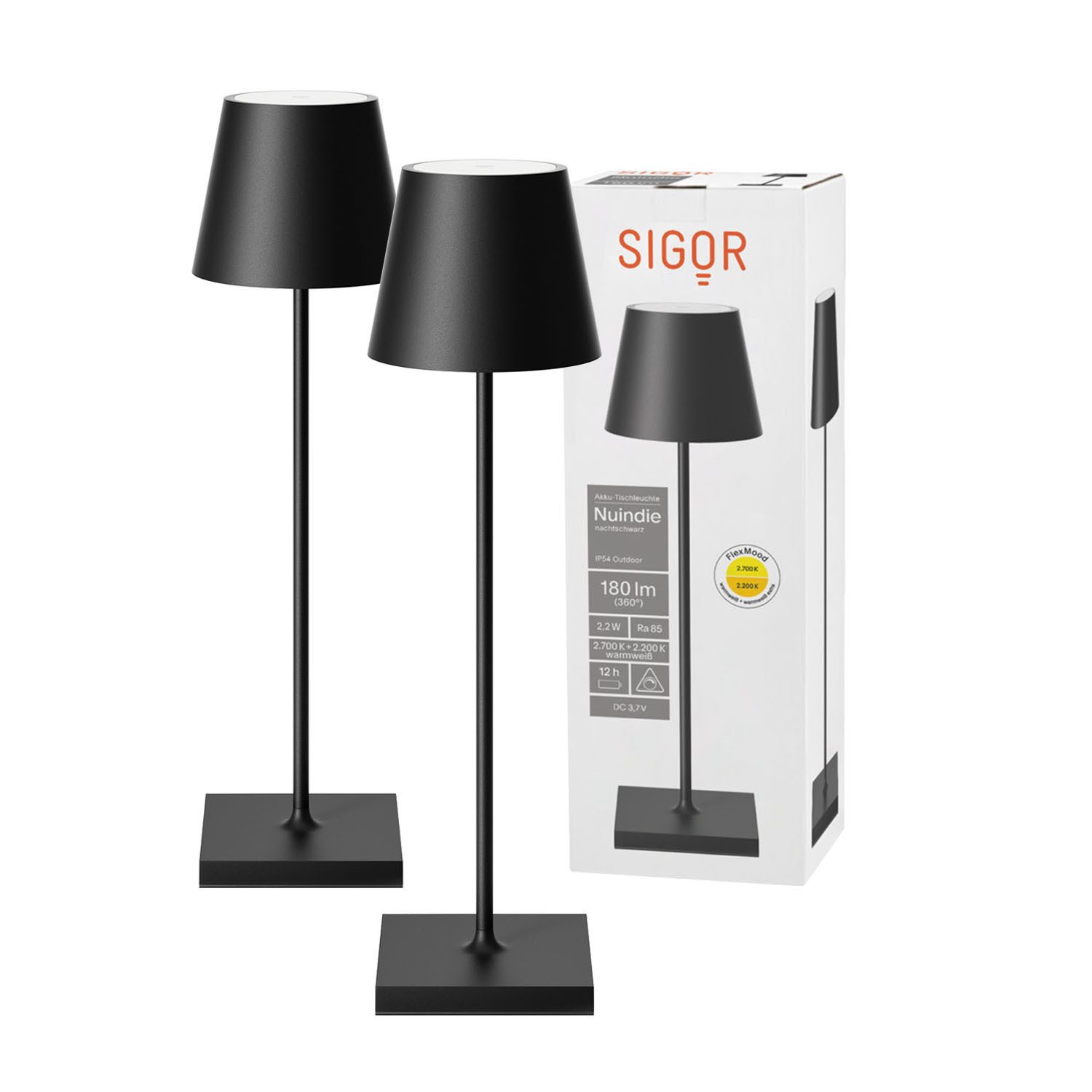 SIGOR LED Tischleuchte 2x Nuindie USB-C 380mm nachtschwarz, Dimmbar, 1 LED Platine, 2.700 K / 2.200 K