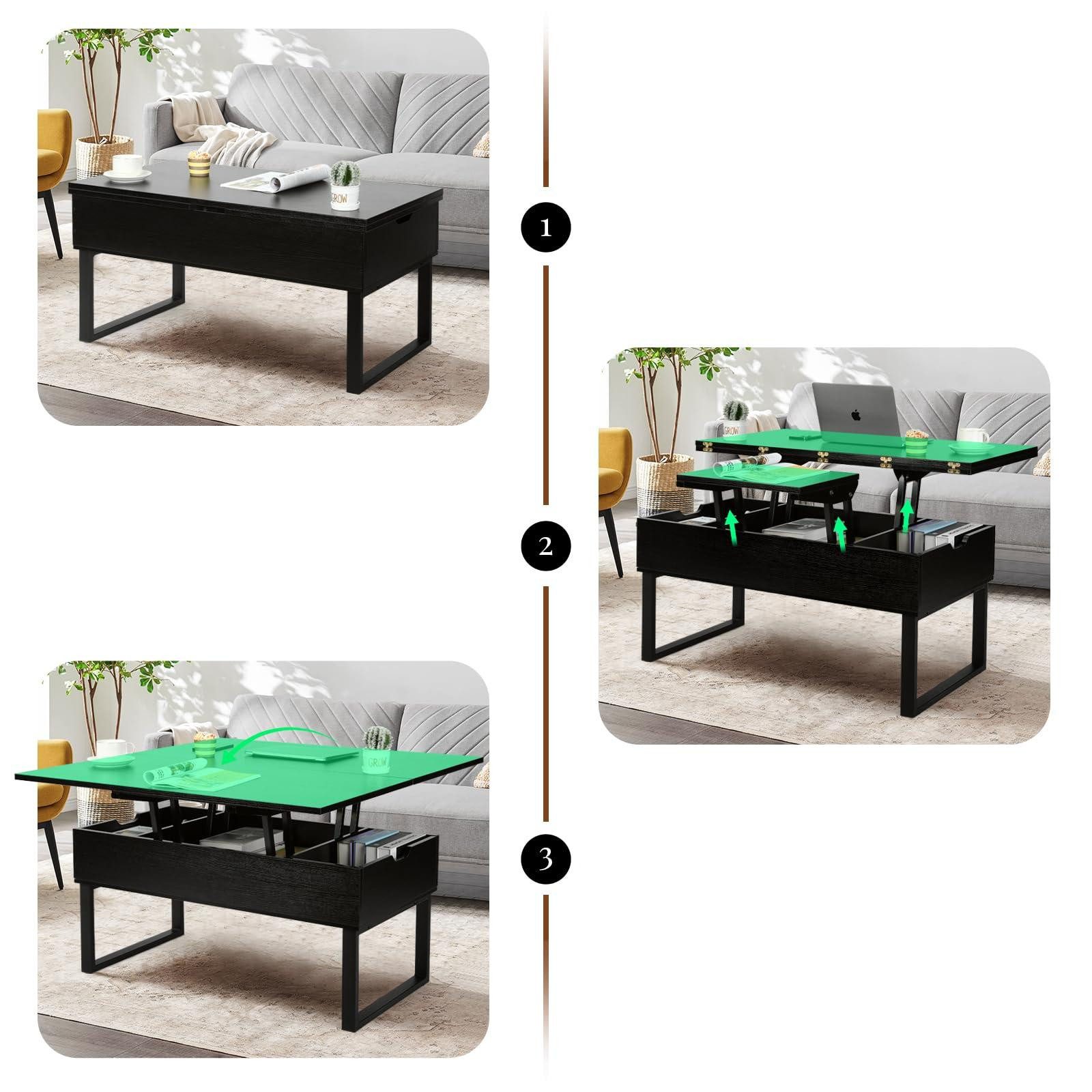 VOWNER Couchtisch Höhenverstellbarer, 3-in-1 Mehrzweck-Wohnzimmertisch, Schwarz
