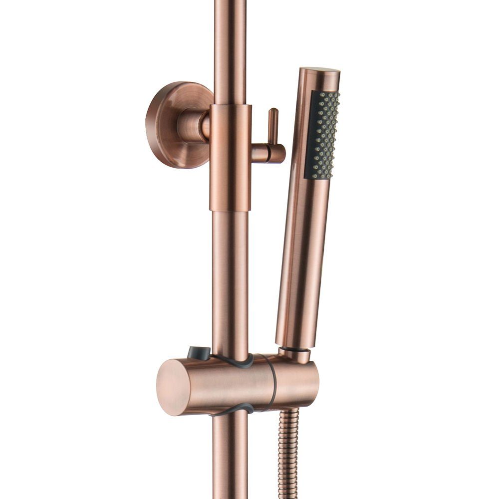 Aloni Duschsystem Kupfer gebürstet rund 120cm hoch, mit Regendusche Ø20 cm Handbrause, Höhe 120 cm, komplett_set, 1 tlg., Handbrause, Wandhalter, Brauseschlauch, Armatur, Thermostat & Duschstange, Duschgarnitur mit Anti-Kalk-Düsen