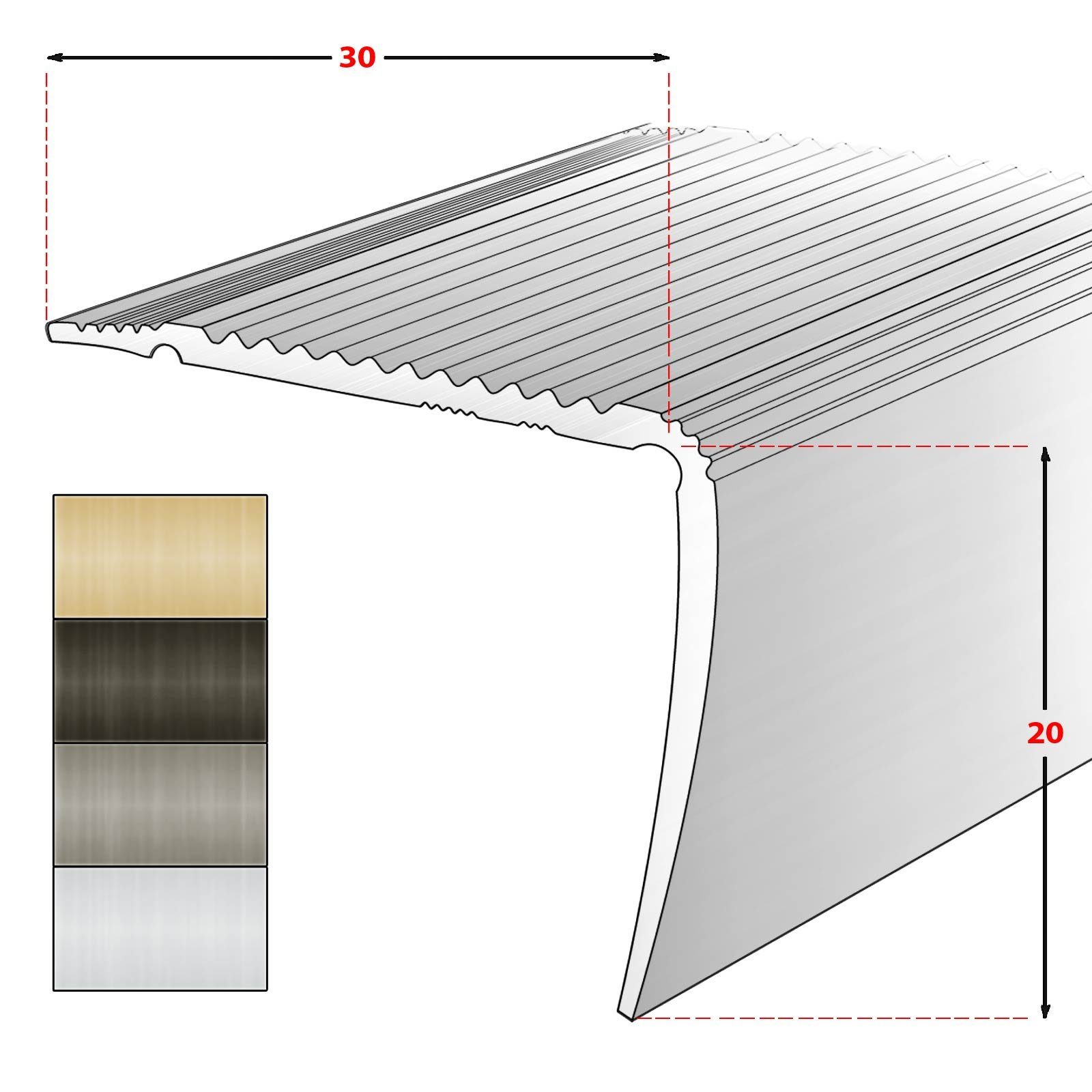 Floordirekt Treppenkantenprofil Integral, 4 Farben & 3 Größen, Stufenkantenprofil, Form: L, Vorgebohrt, 30x20 mm