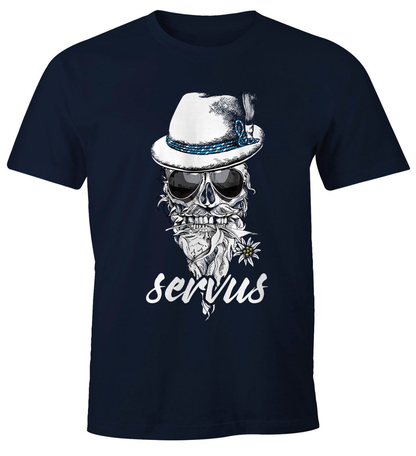 MoonWorks Print-Shirt Herren T-Shirt Totenkopf Filzhut Bayern Skull Blume servus Fun-Shirt Moonworks® mit Print navy