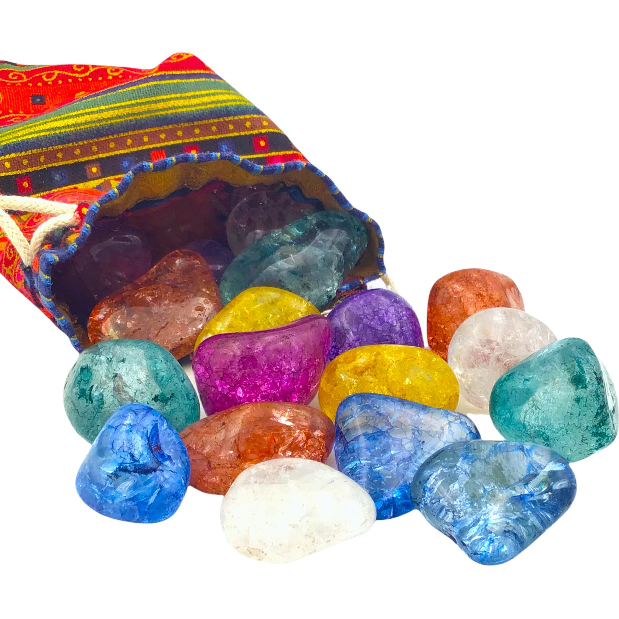 Steinfixx® Edelstein 20 Stück Magic Stones in buntem Stoffsäckchen, (magisches Farbenspiel, 1-St., Bergkristall gefrostet - AAA Qualität aus Brasilien), incl. buntem Stoffsäckchen