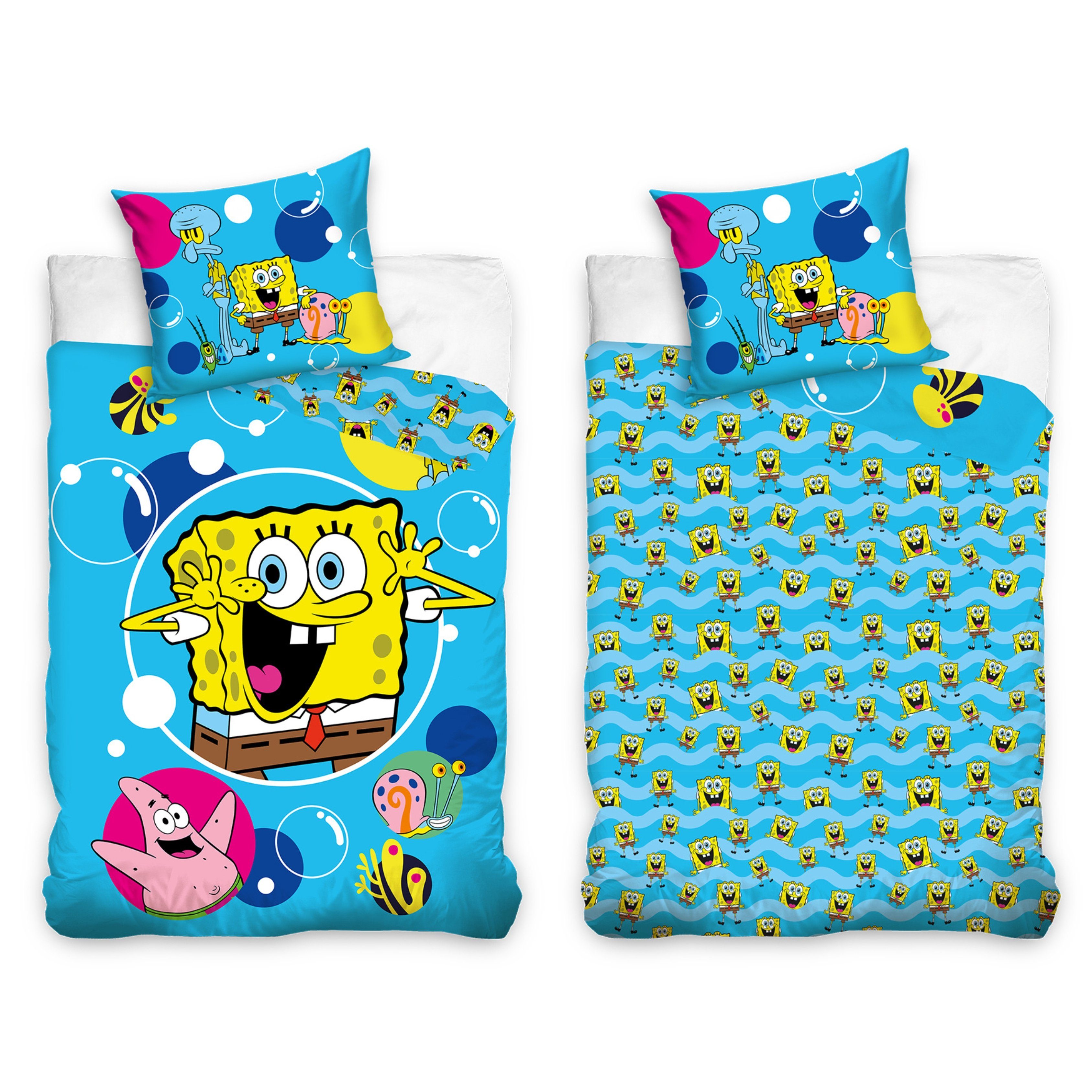 Kinderbettwäsche SpongeBob Schwammkopf 135x200 + 80x80 cm, 100 % Baumwolle, MTOnlinehandel, Renforcé, 2 teilig, SpongeBob und Patrick Kinderbettwäsche für Jungen und Mädchen