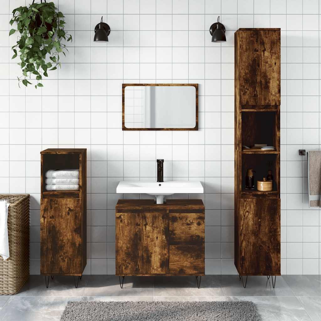 Badkommode Badezimmerschrank 65x33x60 cm in Räuchereiche mit Eisenfüßen
