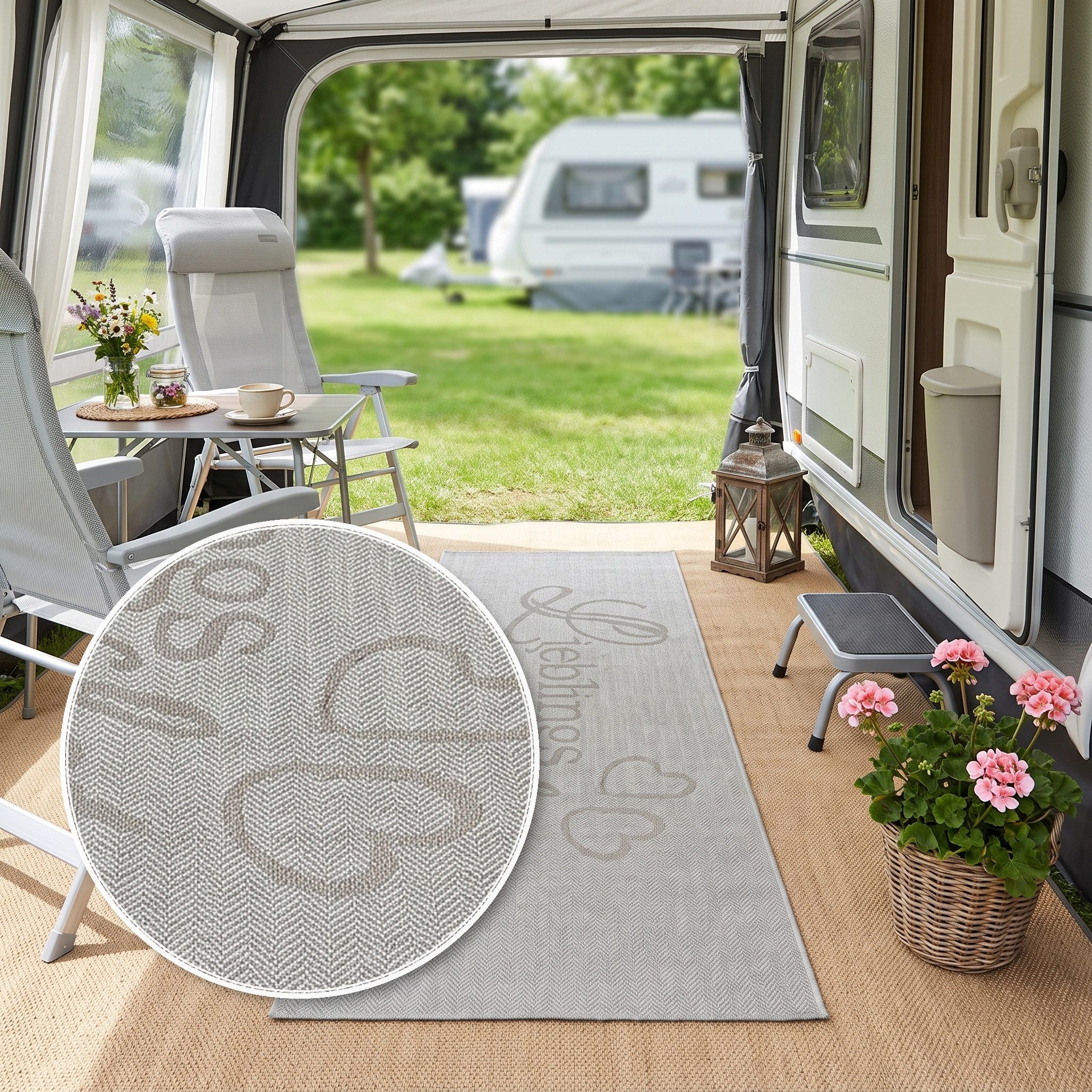 OTTO home Läufer Lieblingsplatz, mit Schriftzug, In- und Outdoor geeignet, rechteckig, Höhe: 5 mm, Wetterfest, UV-beständig, Küchenläufer, Camping, Balkon