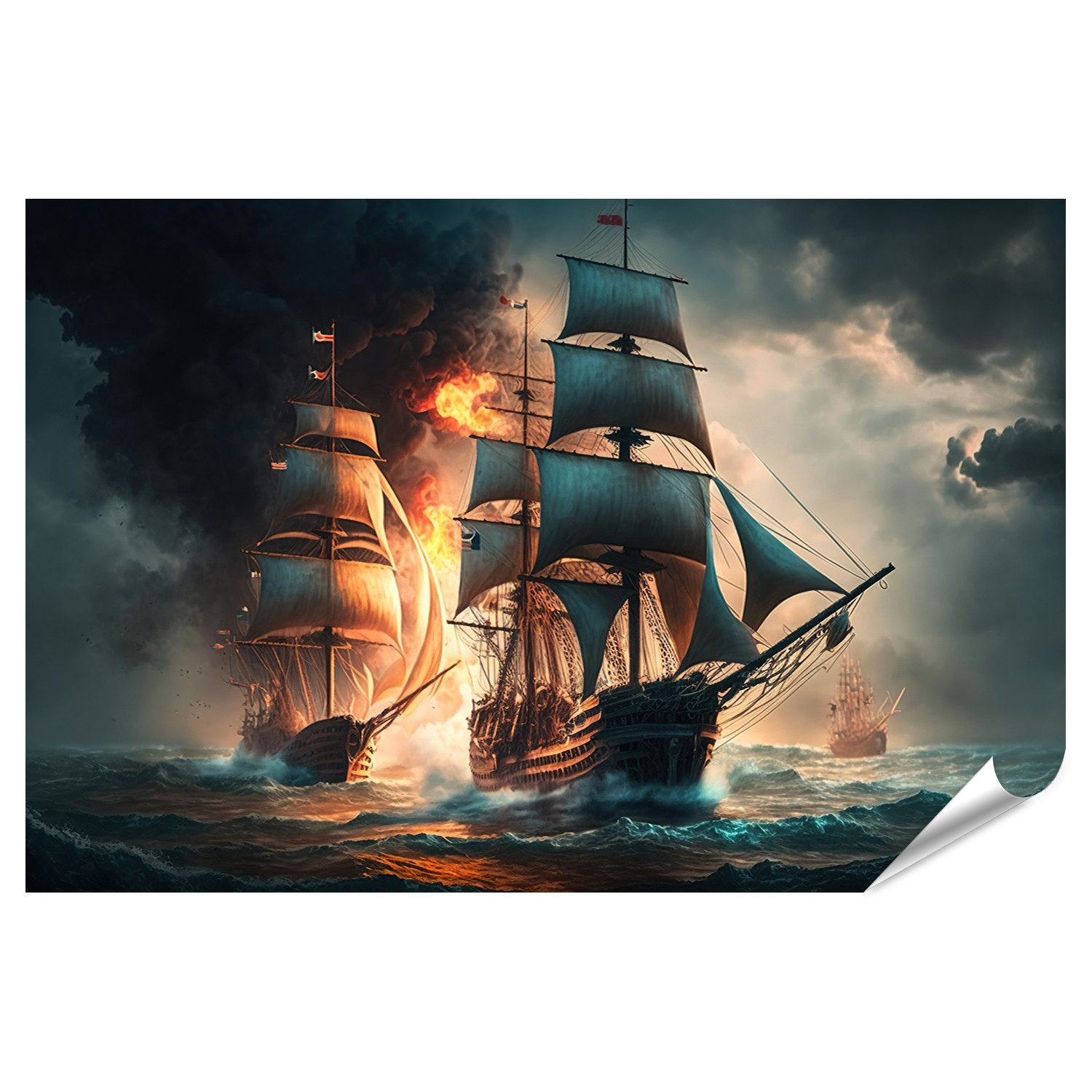 Poster Schlacht Meer Alte Segelschiffe Feuer Rauch KI Schlacht Meer Bilder