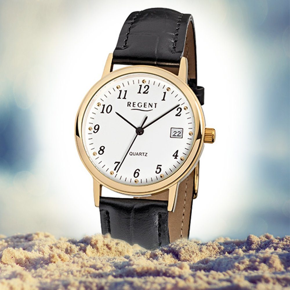 Analog, schwarz Lederarmband Herren-Armbanduhr 34mm), Armbanduhr mittel Quarzuhr (ca. Regent Regent rund, Herren