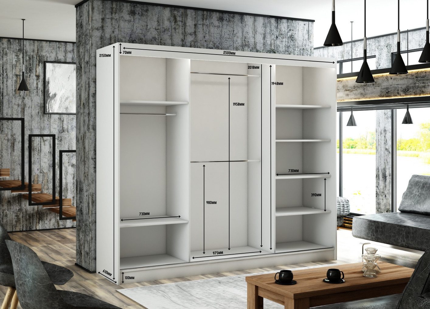 ALTDECOR Schiebetürenschrank BEROG (Kleiderschrank Garderobenschrank mit viel Stauraum Moderner Schrank) Vielseitiger Schwebetürenschrank LED Beleuchtung Schlafzimmer