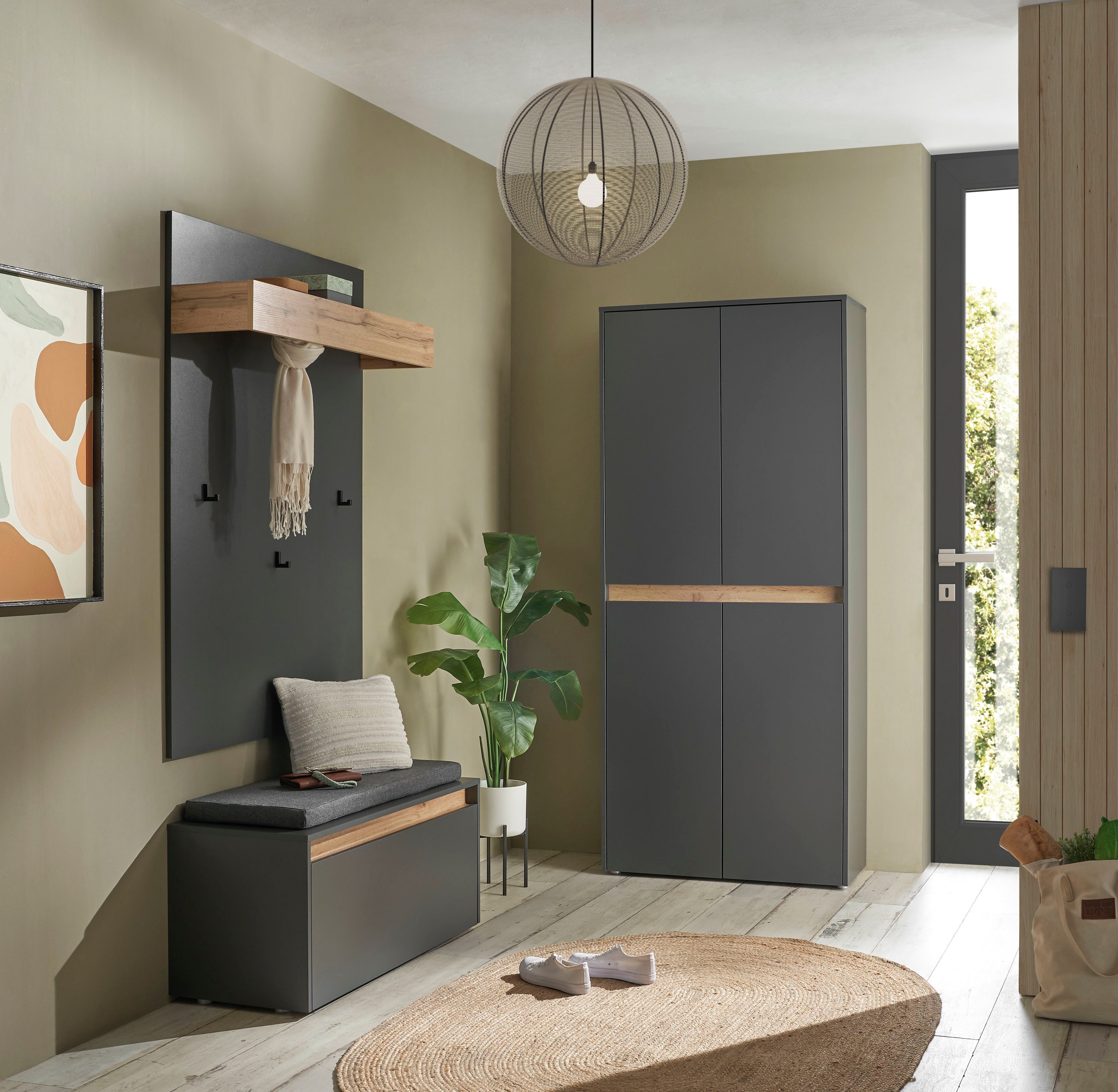 Home affaire Garderoben-Set City/Giron, moderne Garderobe, viel Stauraum, ca. 40 Schuhe, (Set, 3-St), enthält Schuhschrank, Garderobenpaneel & Garderobenbank mit Sitzkissen