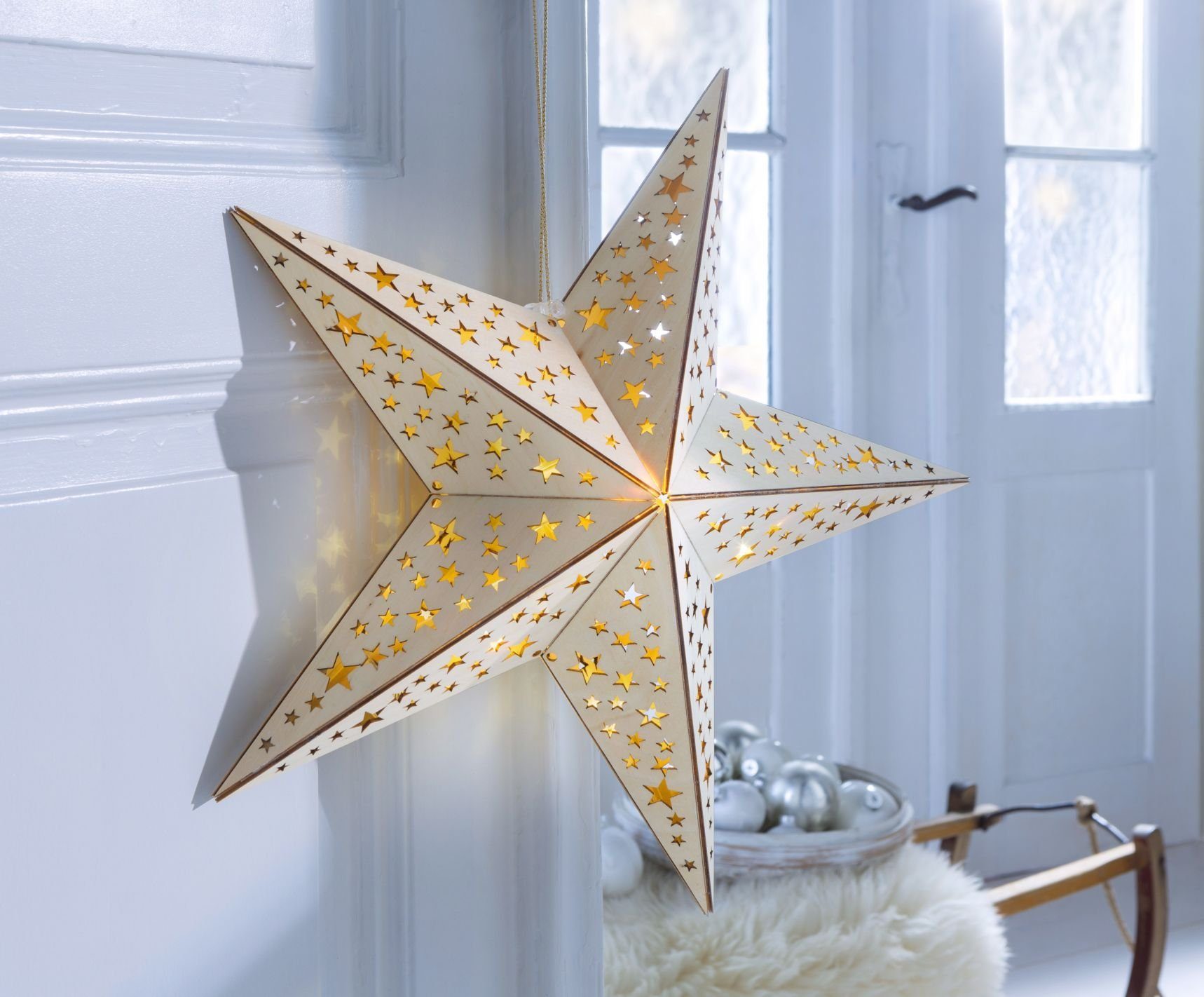 BONETTI LED Stern Lichterkette, aus Weihnachtsstern, Warmweiß, mit LED Weihnachtsdeko fest Holz, integriert