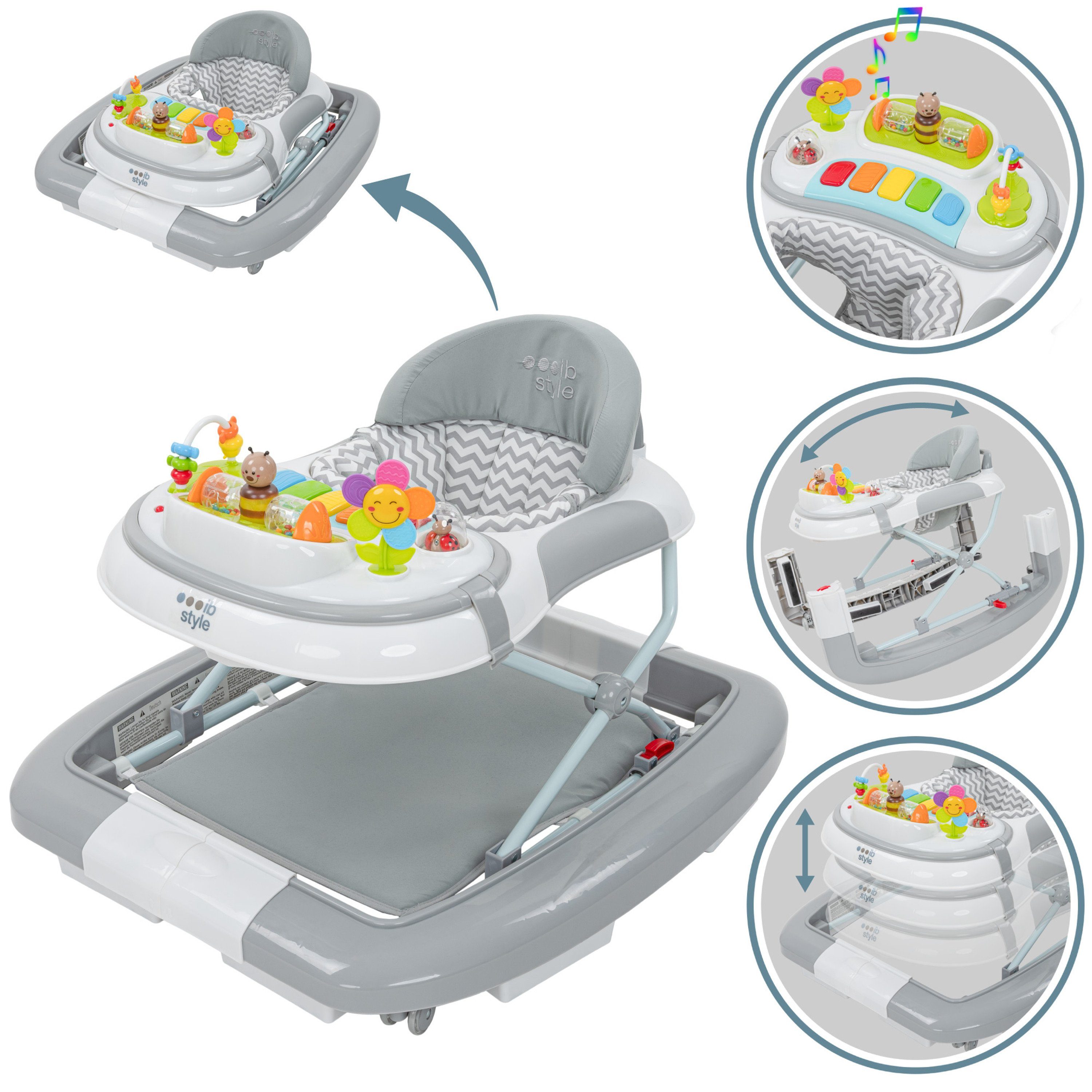 ib style Lauflernhilfe Wave Babywalker Grau, Lauflernwagen mit Schaukelfunktion & elektronischem Spielelement