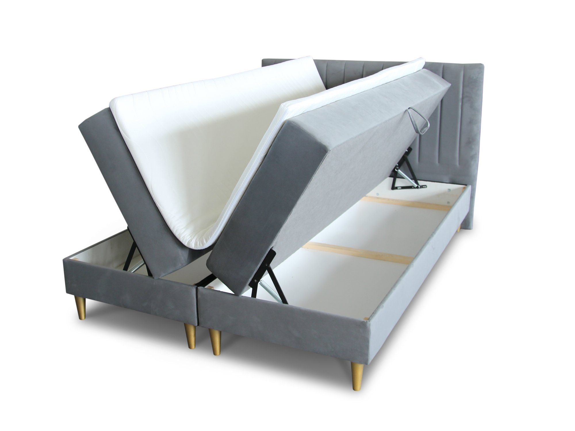 Sofnet Boxbett Gold (mit zwei Bettkästen, Bonell-Matratze und Topper), Doppelbett, Polsterbett mit Kopfteil, Gold Füße, Boxspringbett