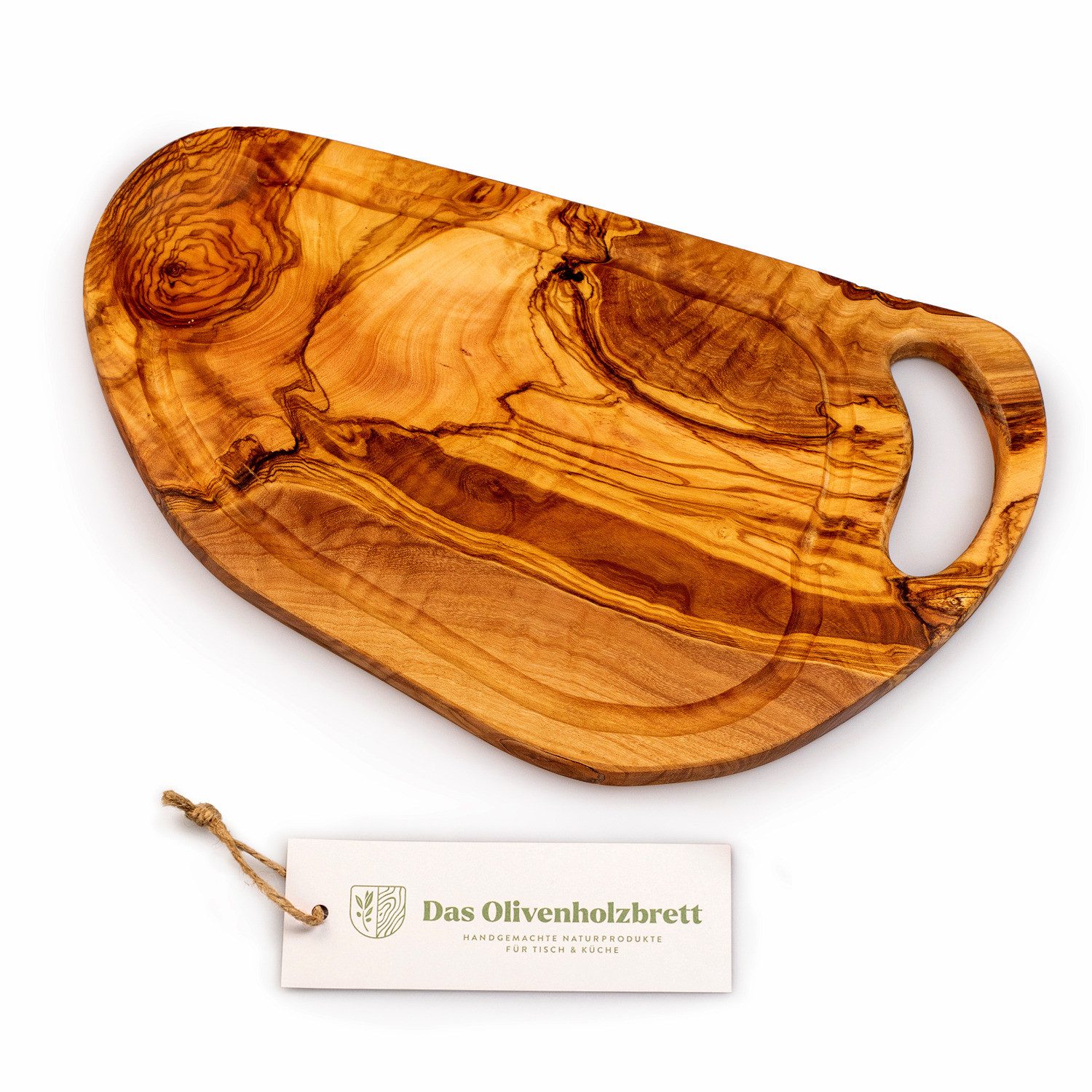 dasOlivenholzbrett Servierbrett Schneidebrett aus Olivenholz, Henkel & Saftrille