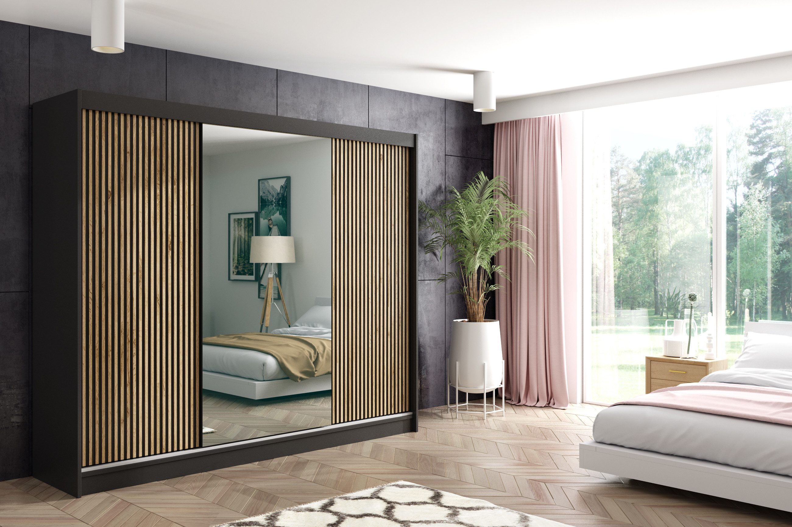 ALTDECOR Schiebetürenschrank VILAN (Kleiderschrank Garderobenschrank mit viel Stauraum Moderner Schrank) Spiegel Spiegeltüren Lamellen Schwebetürenschrank LED Beleuchtung
