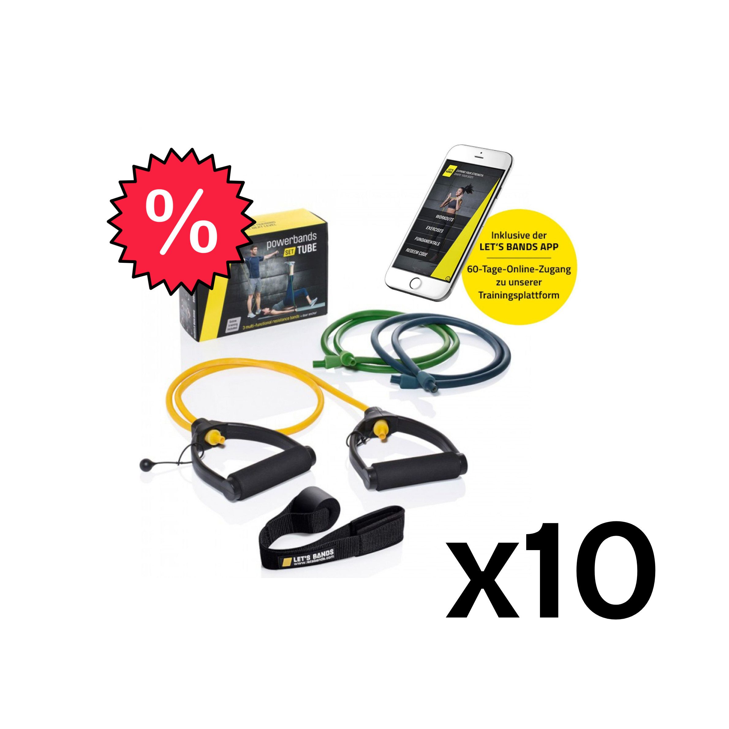 Let's Bands Trainingsbänder Let's Bands Powerbands Set Tube + GRATIS App, Kraft- und Intervalltraining, Schulter-, Arm- und Bein-Training