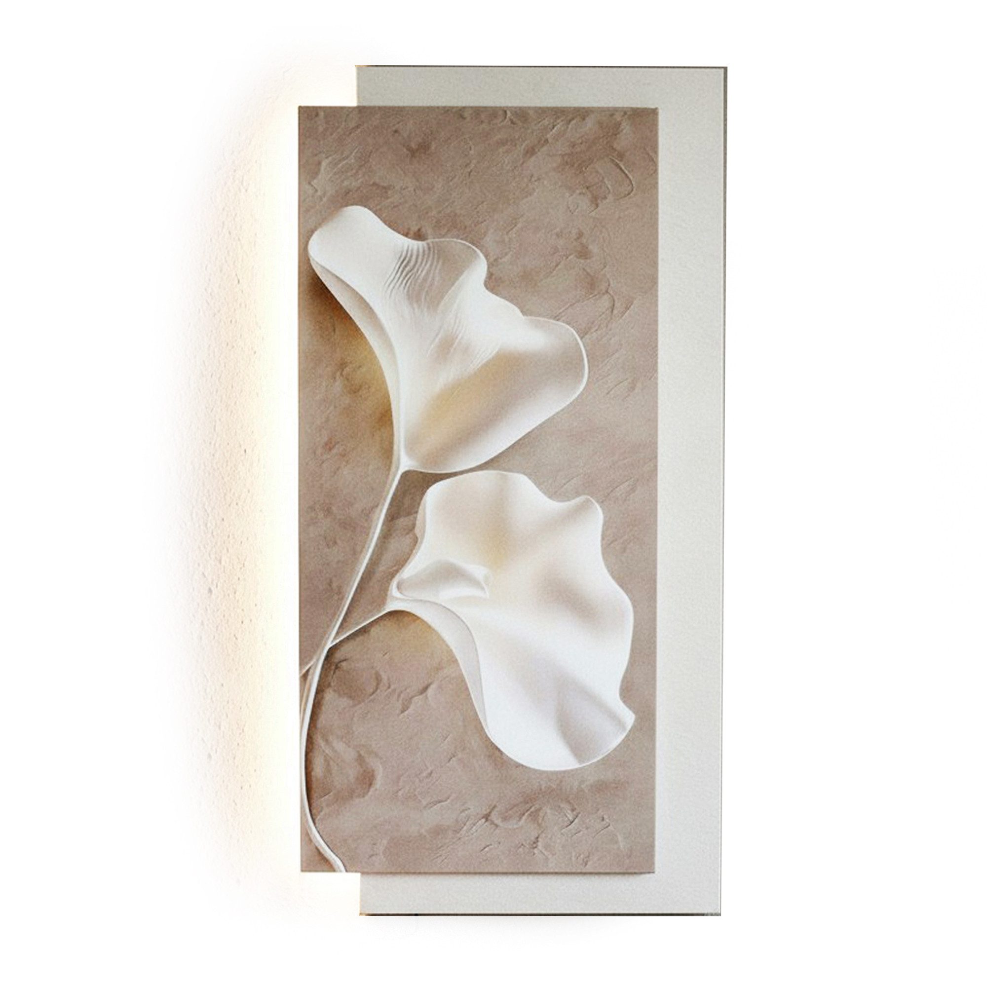 Arnusa Wandbild Wanddekoration mit LED Beleuchtung 100 x 50 cm Beige Creme, Blüten, Wanddekoration LED Bild warmweiß