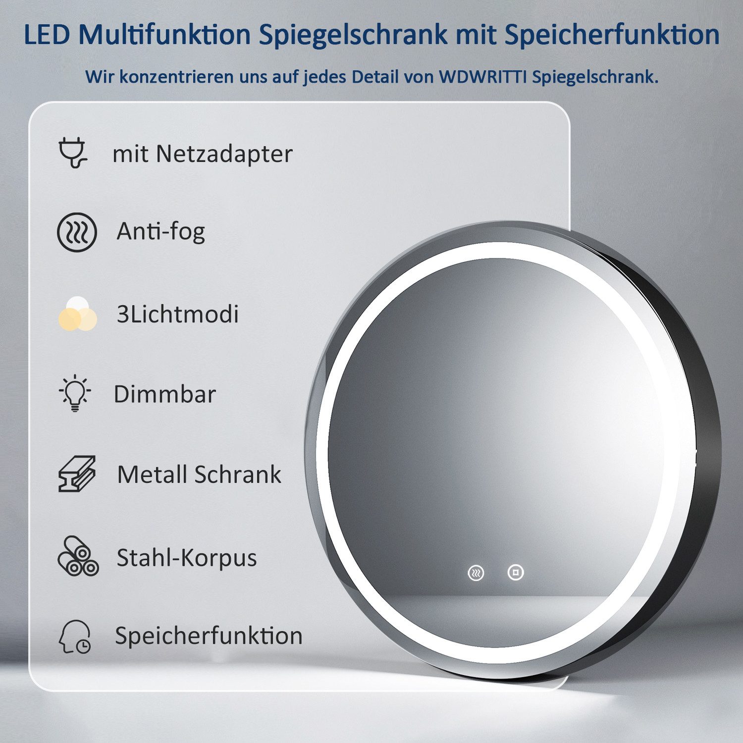 WDWRITTI Spiegelschrank Metall Rund 80cm 60cm Badezimmerspiegelschrank mit LED 3Lichtmodi (Wandschrank Hängeschrank Schwarz, Helligkeit dimmbar, Anti-fog, Speic – Bild 2 von 5