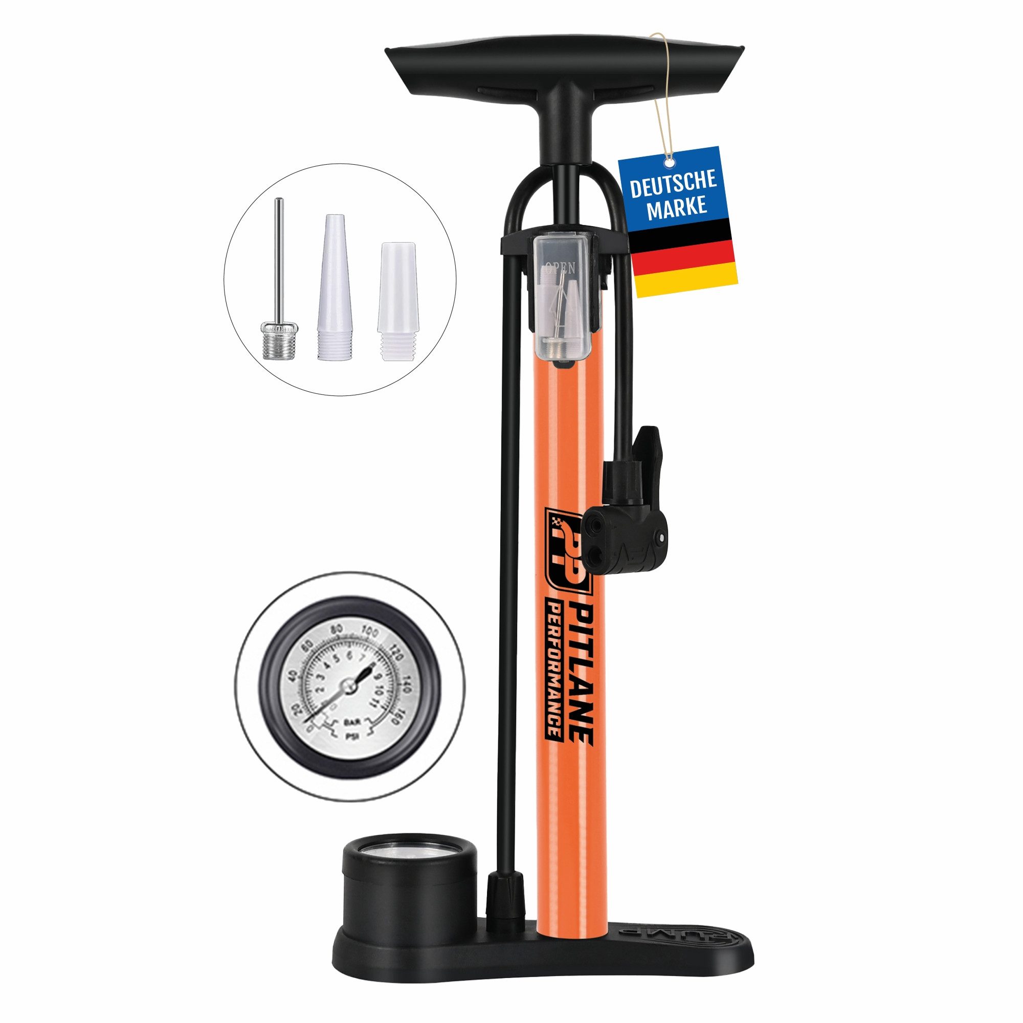 Pitlane Performance Standpumpe Fahrrad & Luftpumpe Auto Fahrradpumpe bis 11 Bar für alle Ventile, Professionelle Bike Pump & Air Pump Luftpumpe Fahrrad Pumpe