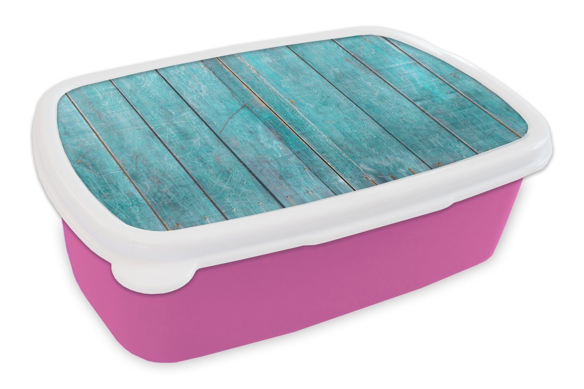 türkisfarbenem für Kunststoff, (2-tlg), Brotbox Lunchbox Kinder, Snackbox, Erwachsene, Holzstruktur Kunststoff Brotdose rosa Mädchen, MuchoWow Anstrich, mit
