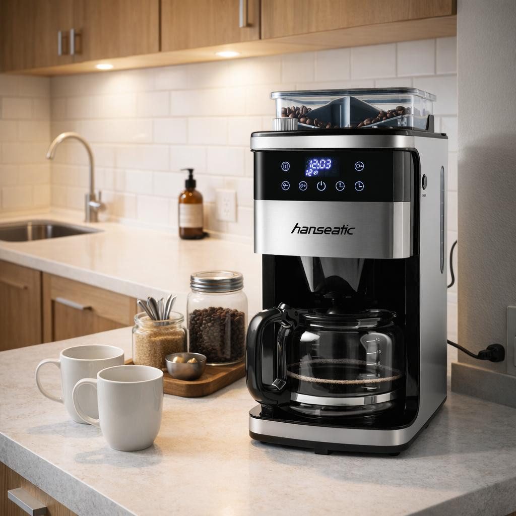 Hanseatic Kaffeemaschine mit Mahlwerk HCMG105015SD, 1,5l Kaffeekanne, Papierfilter 1x4, mit LCD Display und Timer