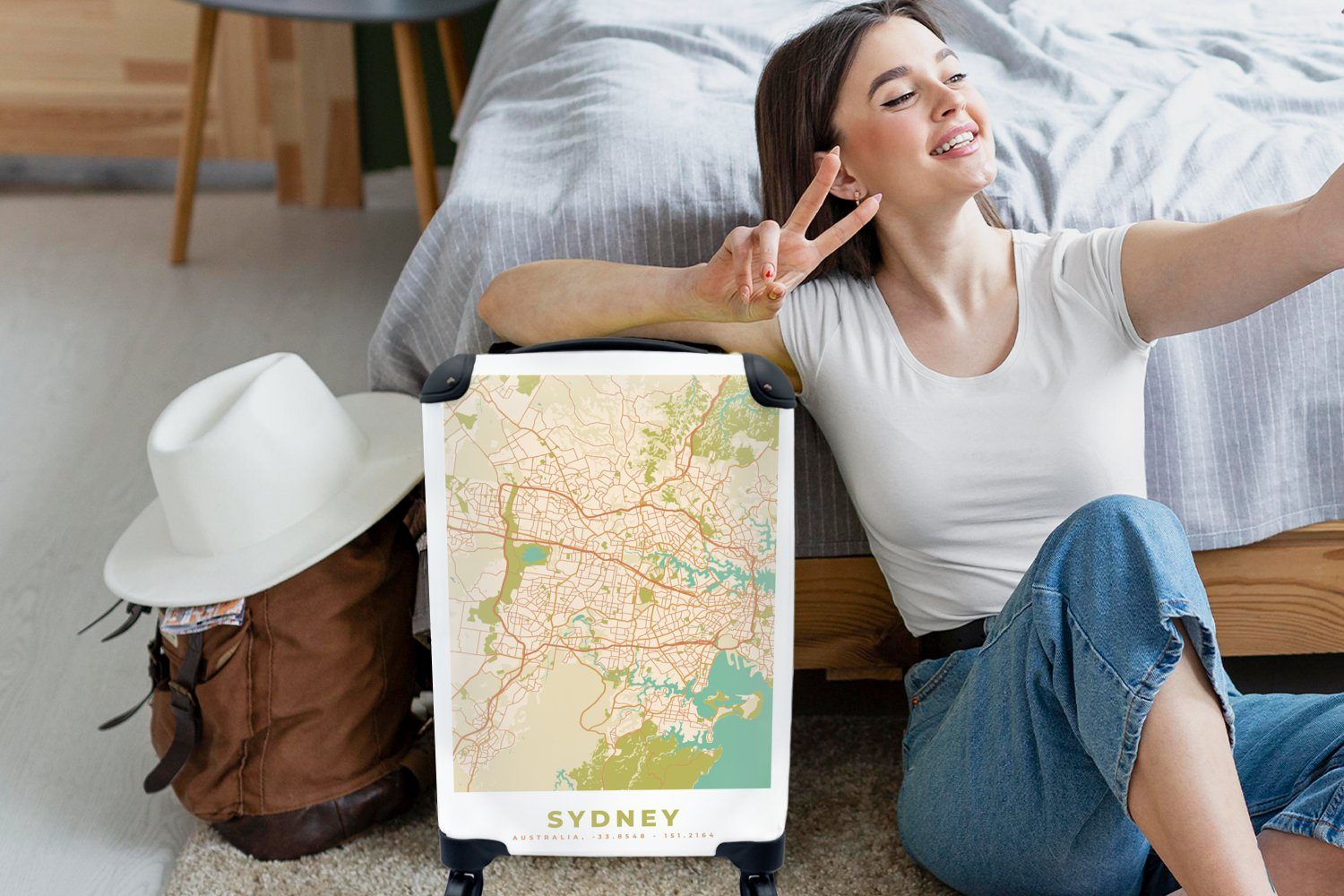 - - MuchoWow Reisetasche Ferien, Karte Handgepäckkoffer Handgepäck Stadtplan, Rollen, Reisekoffer rollen, mit 4 Trolley, für Sydney - Vintage