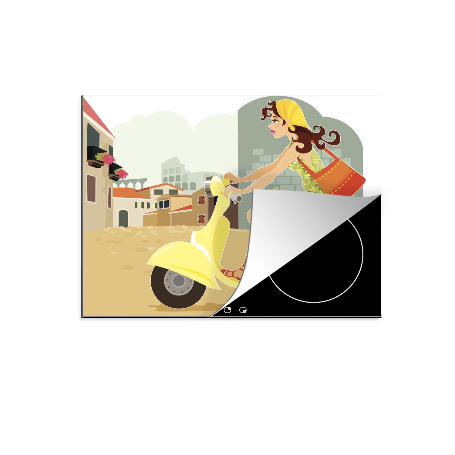 MuchoWow Herdblende-/Abdeckplatte Eine Illustration einer jungen Dame auf einem gelben Motorroller, Vinyl, (1 tlg), 70x52 cm, Mobile Arbeitsfläche nutzbar, Ceranfeldabdeckung
