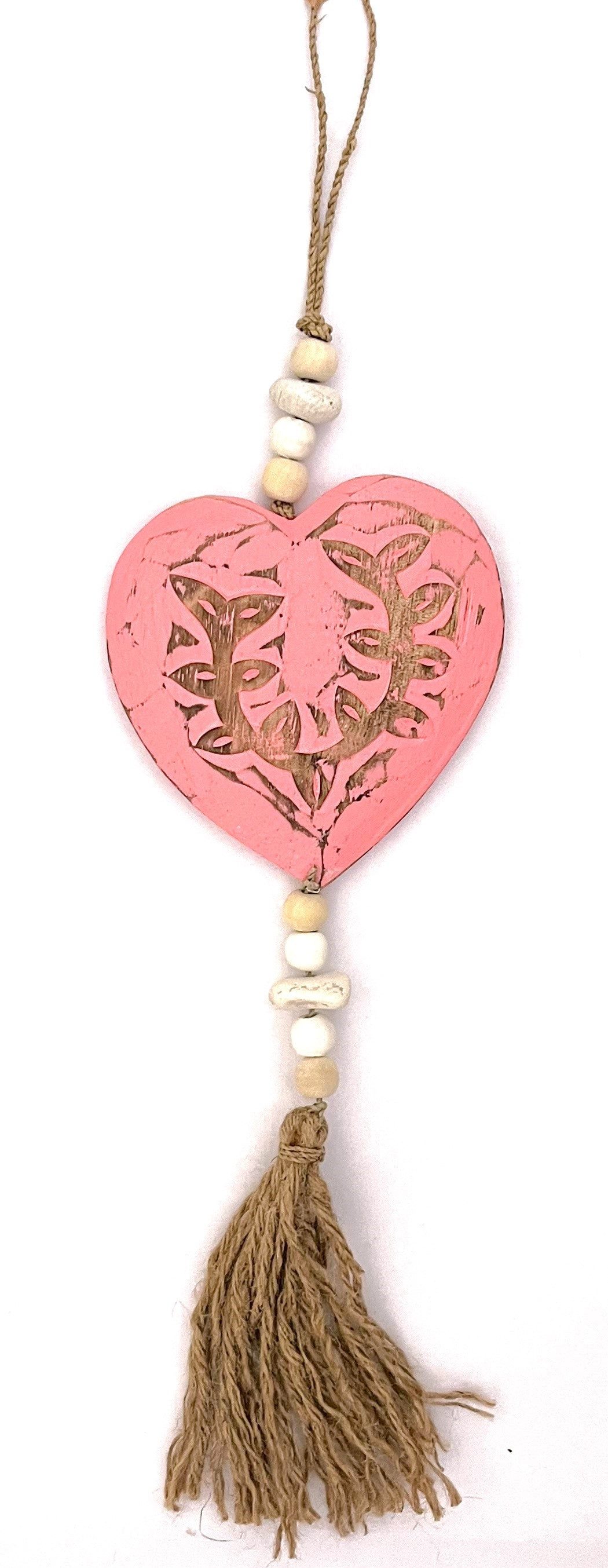 VARIOS Dekohänger Herz Hänger Deko Pink Naturfarben Sommerlich Holz 55 cm