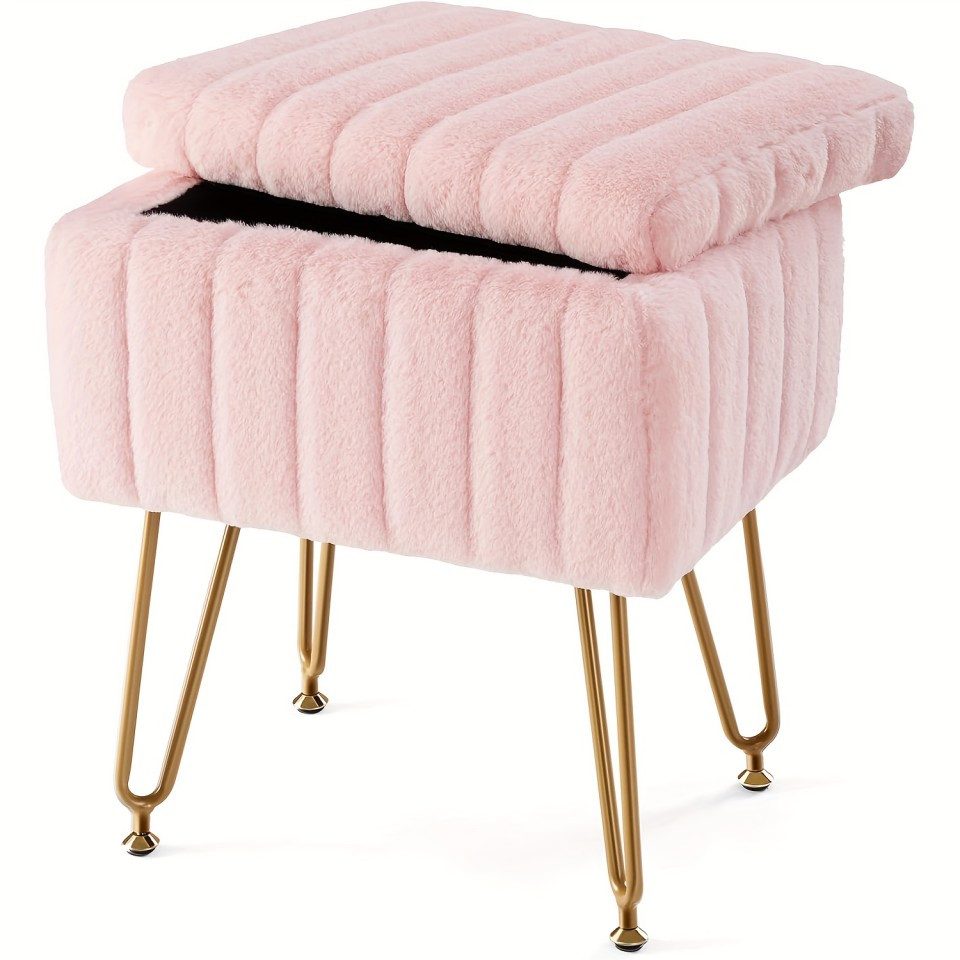 ZMH Sitzhocker Vintage Schminkhocker mit Kunstfell Stauraum moderner für Schlafzimmer, Vintage-Schminkhocker mit Plüschsitz & Metallgestell