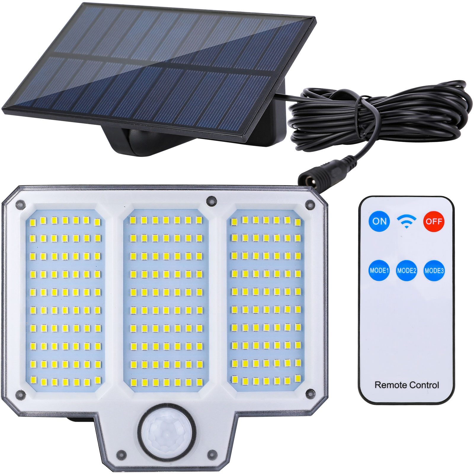 BlingBin LED Solarleuchte 56/210 LED Superhelle Solarleuchten mit Bewegungsmelder, Wasserdicht, LED fest integriert, mit Fernbedienung, 3 Modi LED Solar Strahler IP65 Wasserdichte