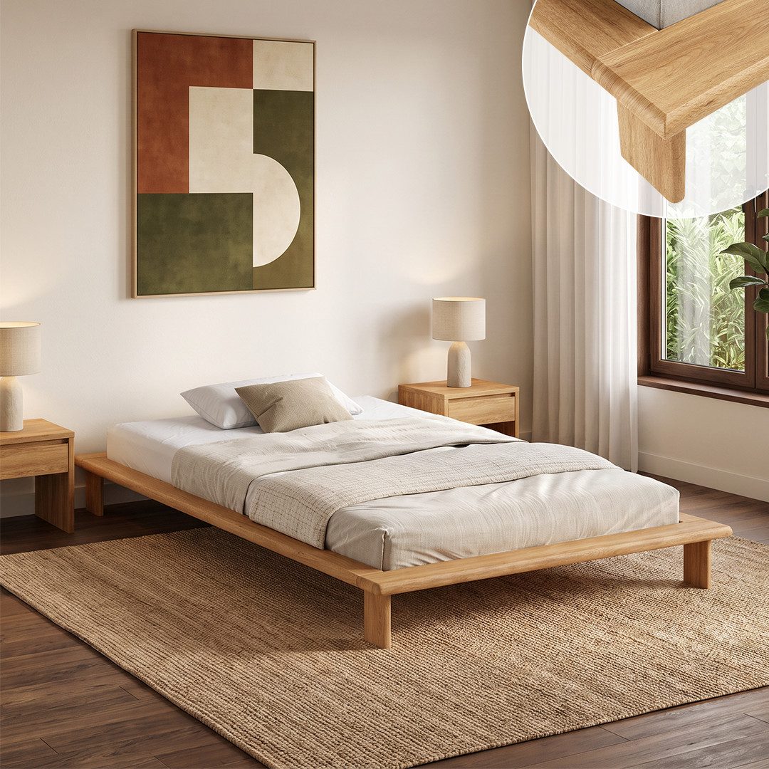skølm Futonbett Skald aus Massivholz Eiche, Holzbett mit Stauraum (Natur, 120x200 cm), Massivholzbett geölt & lackiert, in 140/160/180x200 cm verfügbar