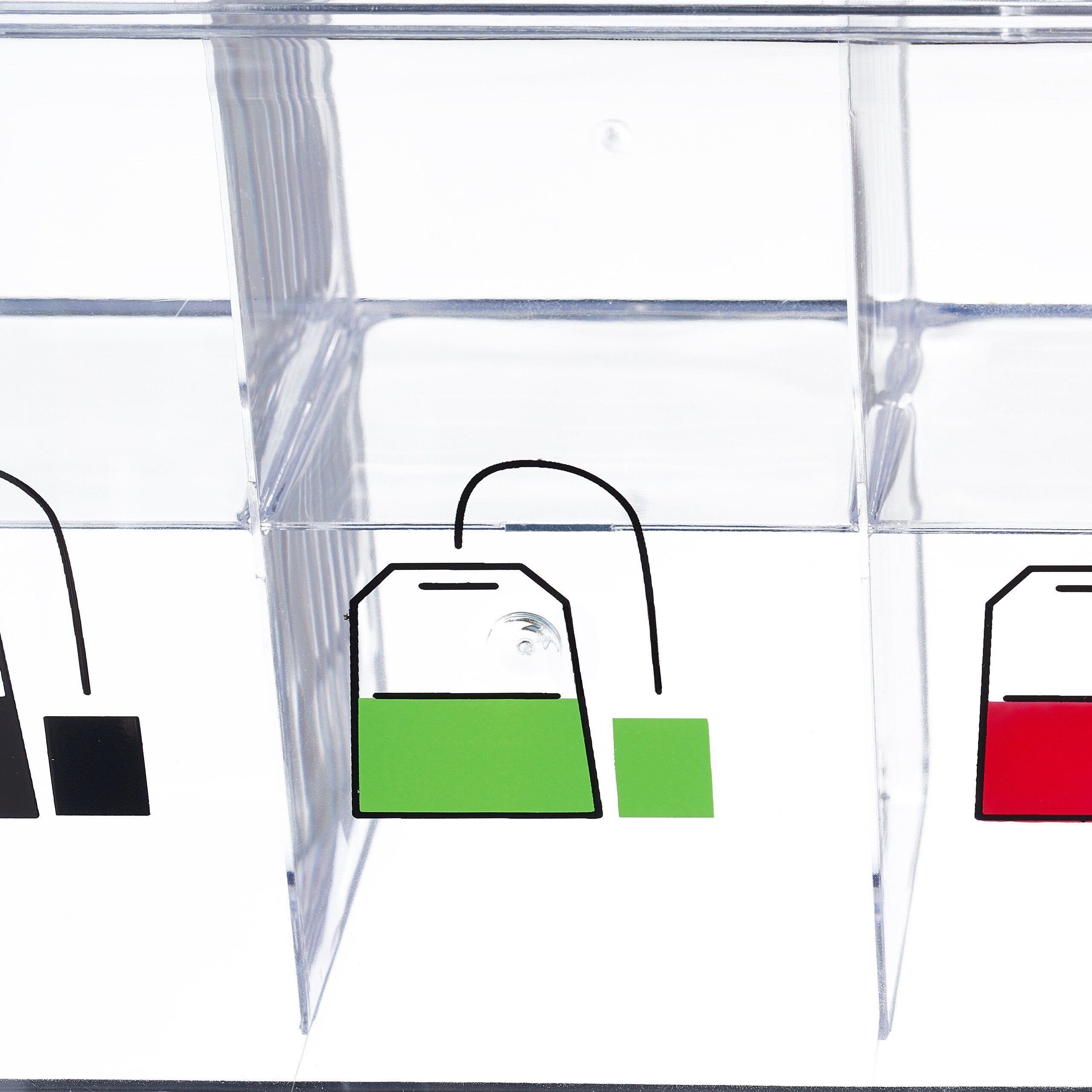 relaxdays Teebox Transparente Teebox mit 6 Kunststoff Fächern
