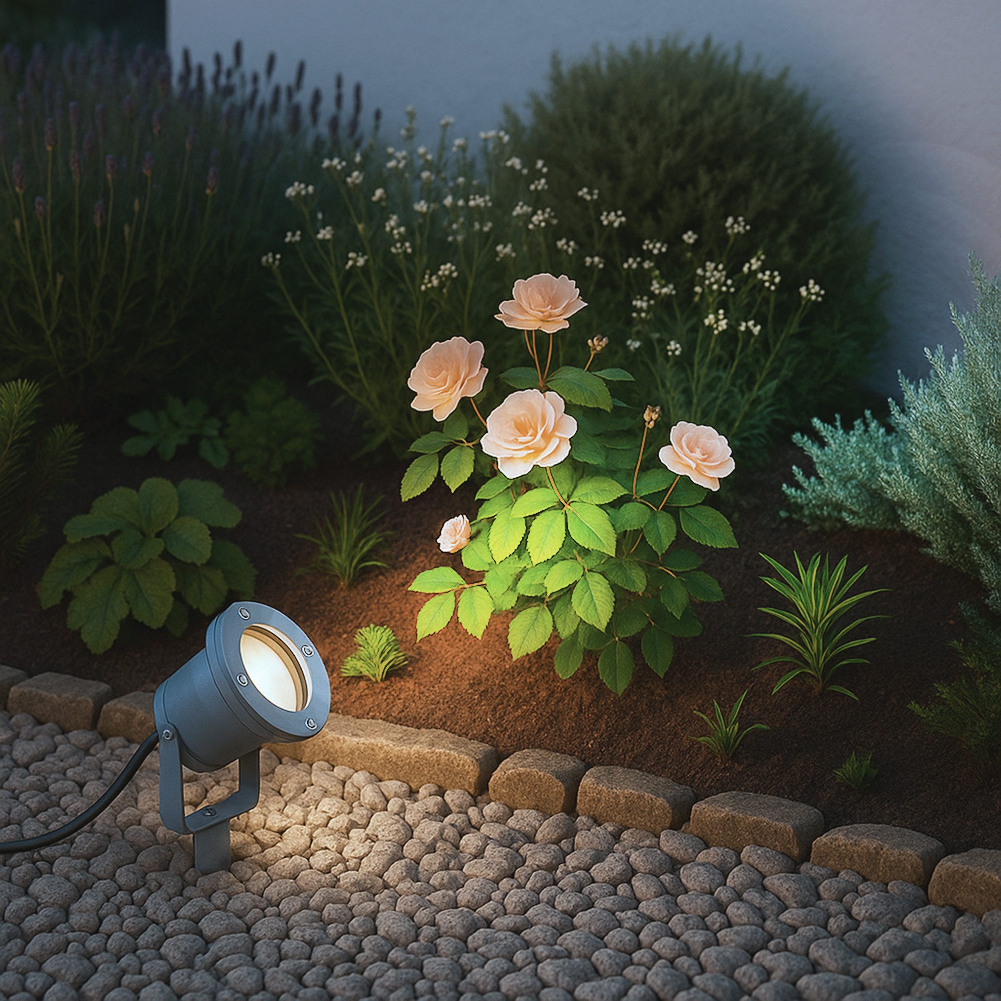 SSC-LUXon LED Gartenstrahler Gartenstrahler KARI mit Erdspiess grau & Kabel incl. 3W neutralweiss, Neutralweiß