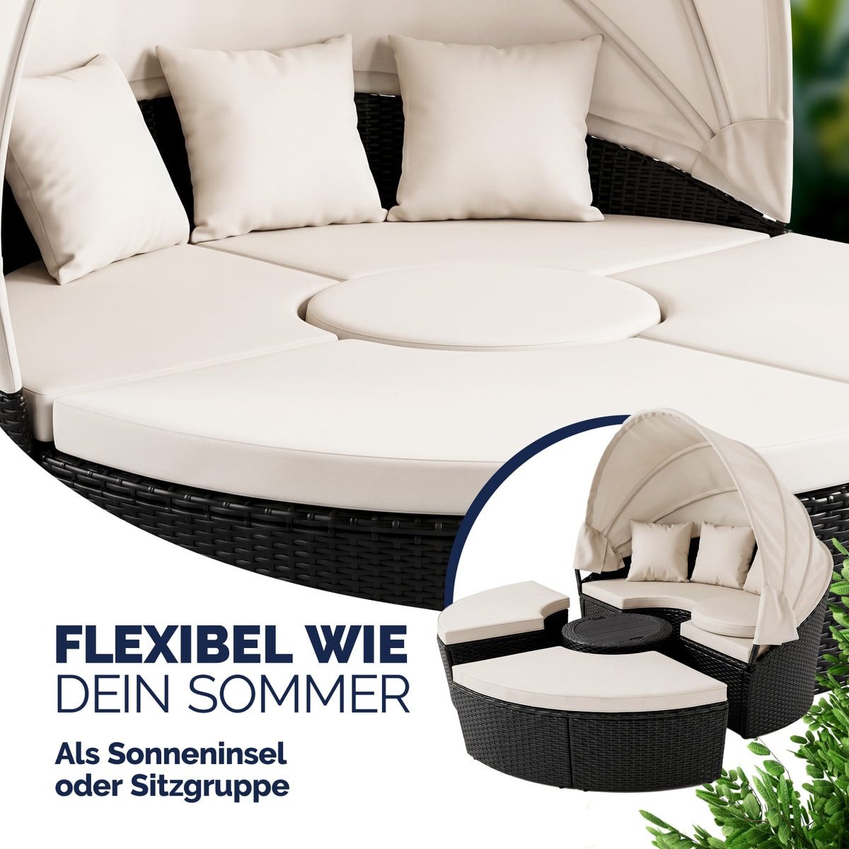 Casaria Sonneninsel Schwarz, 185cm Sonnenliege Polyrattan mit Tisch Wetterfest Kissen Gartenliege