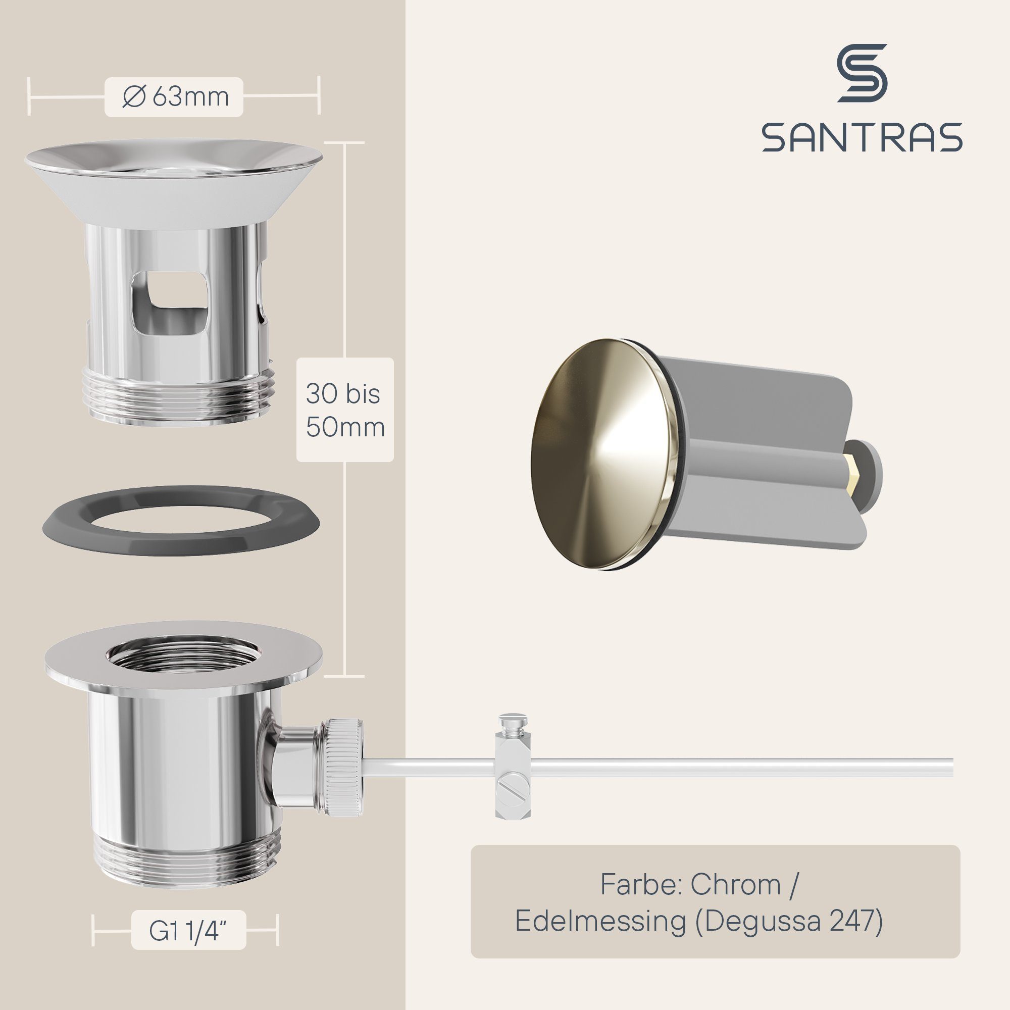 Santras Ablaufgarnitur für Armatur mit Zugstange (Exzenter) in Chrom / Edelmessing
