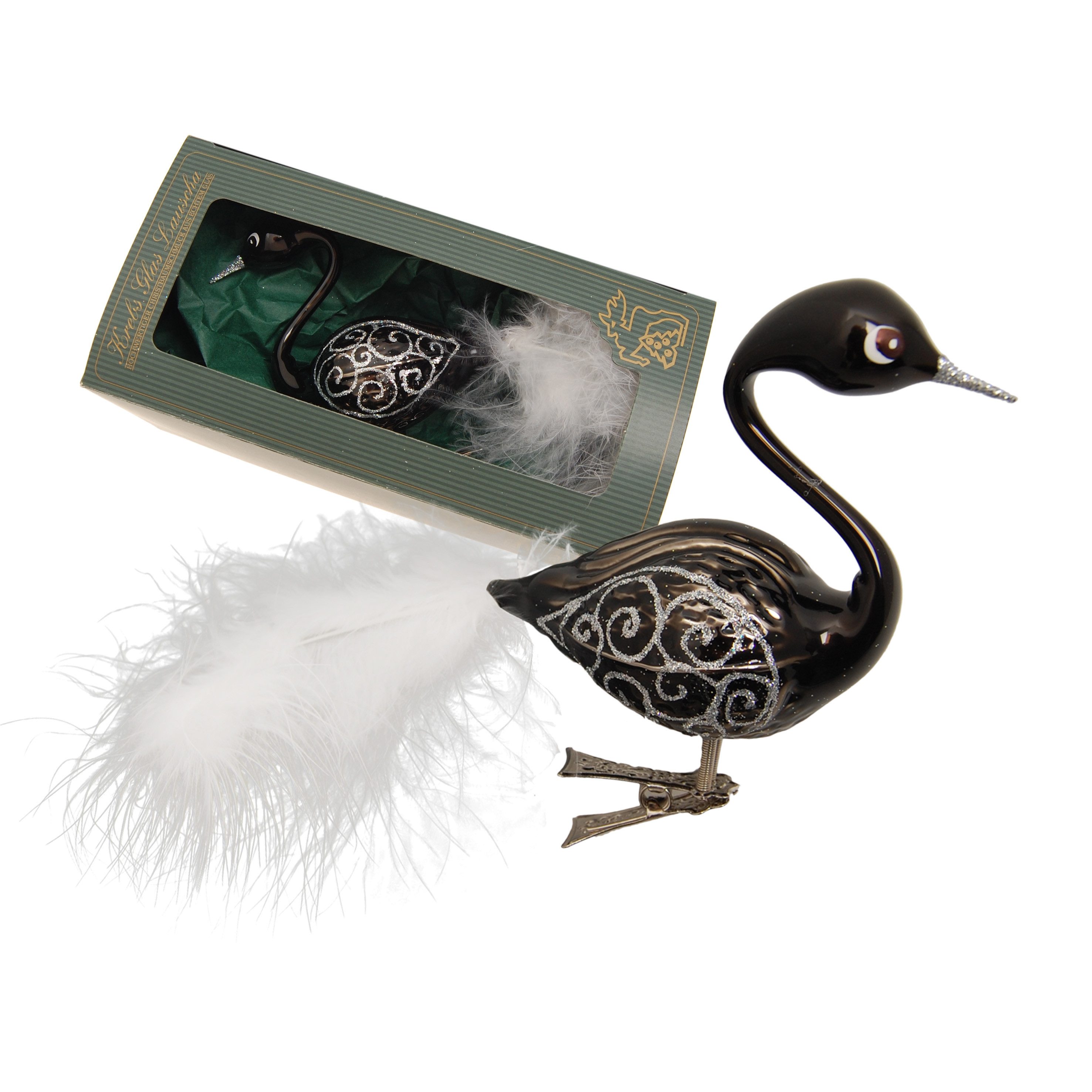 Krebs Glas Lauscha Weihnachtsbaumklammer Glasfigur - Schwan in schwarz - mit Clip - ca. 9 cm + 5 cm Echtfeder, elegante Dekoration für Baum, Strauch und vieles mehr - Ganzjährig